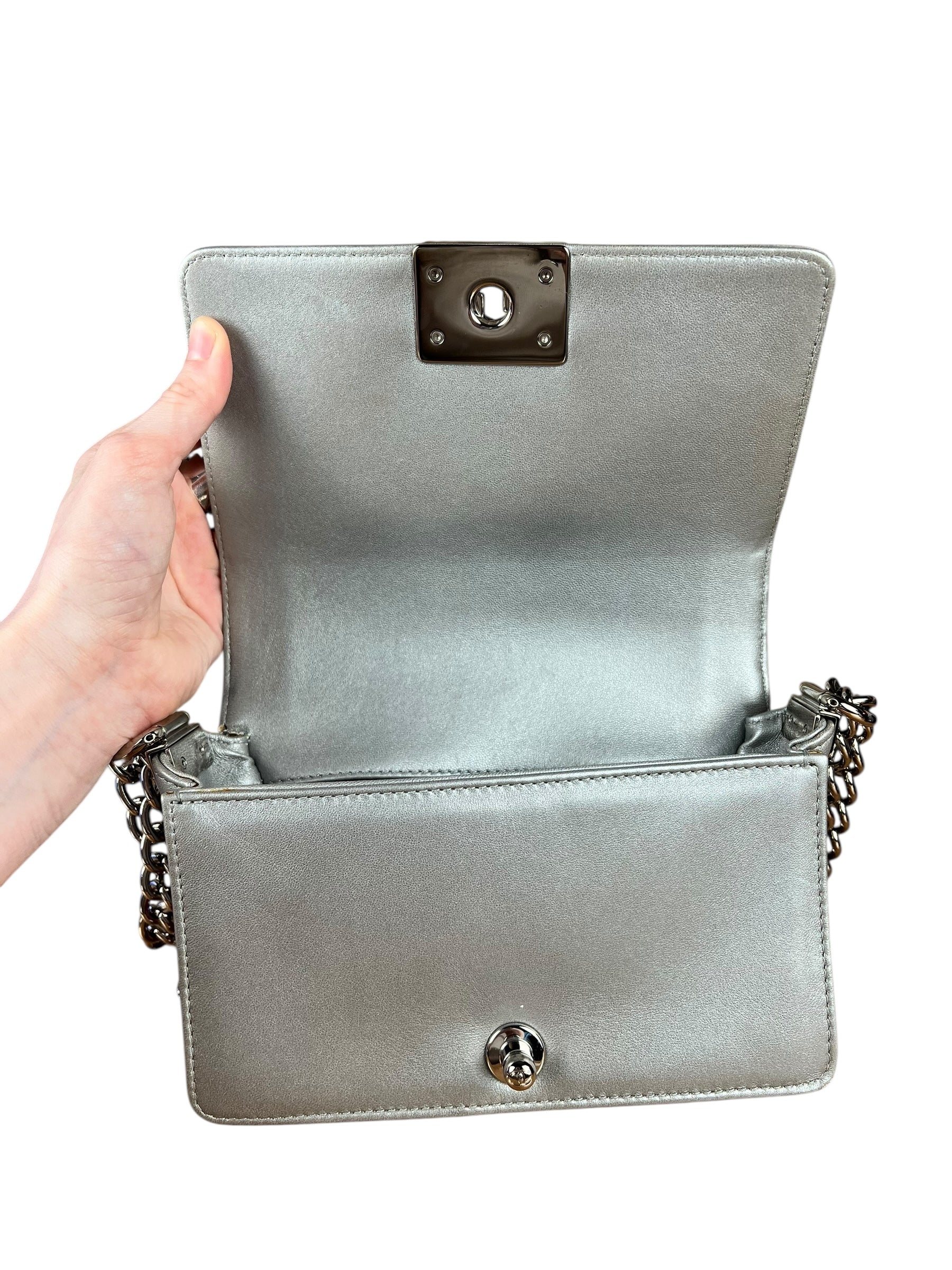 Chanel CC Silver Lambskin Quilted Boy Bag Red Stingray 2012