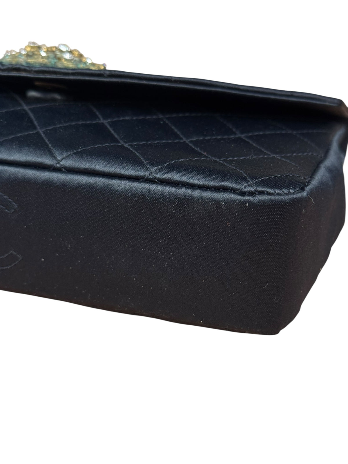Chanel Black Quilted Satin Gripoix Pearl Flap Bag 1986