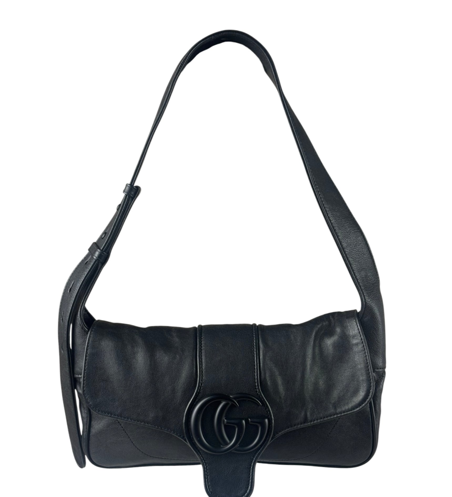 Gucci Black Leather Aphrodite GG Emblem Flap Bag