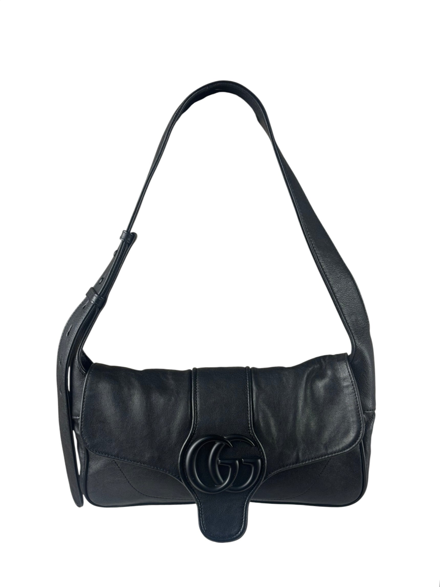 Gucci Black Leather Aphrodite GG Emblem Flap Bag