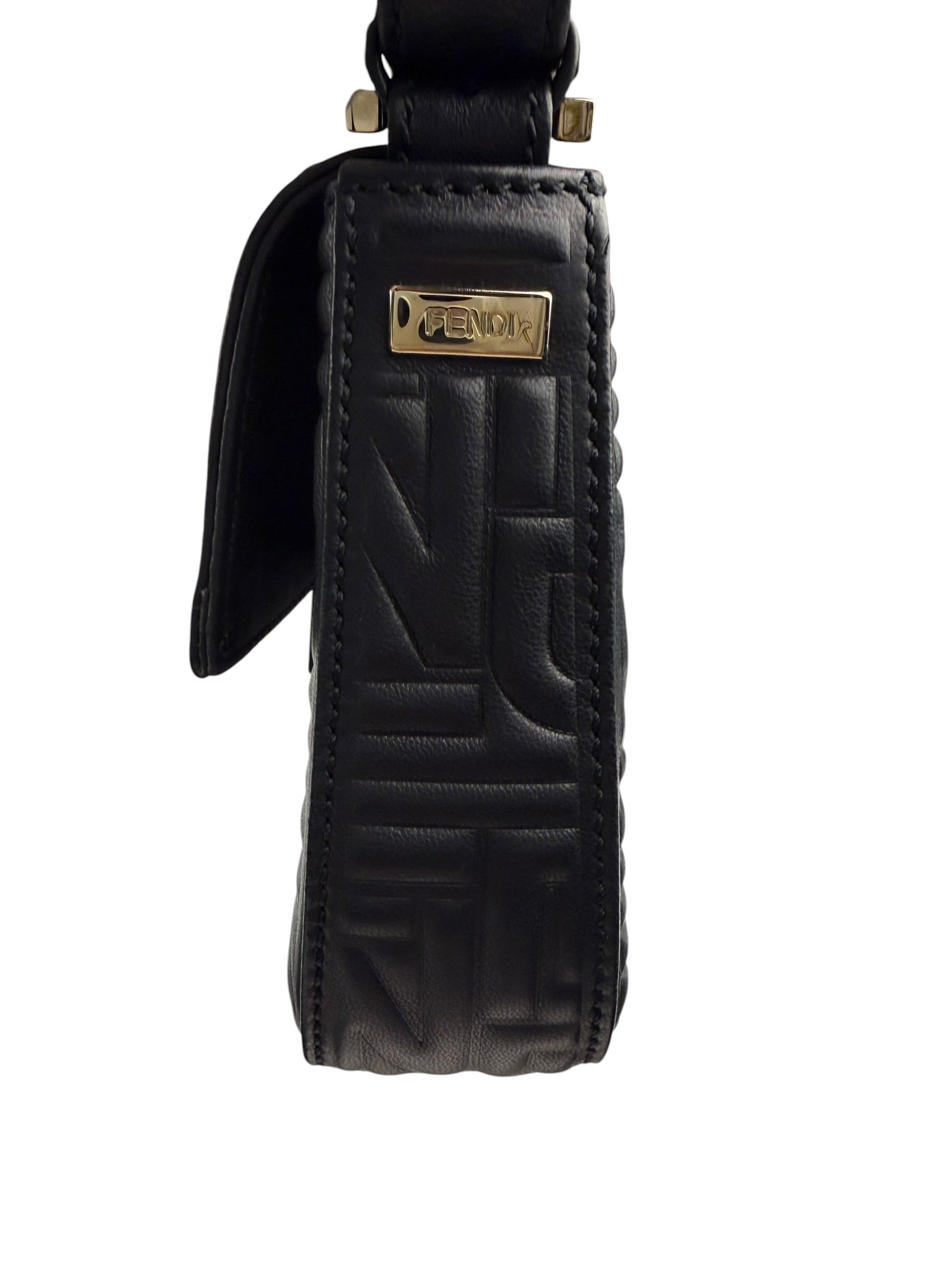 Fendi Black Leather 3D Logo Embossed Baguette
