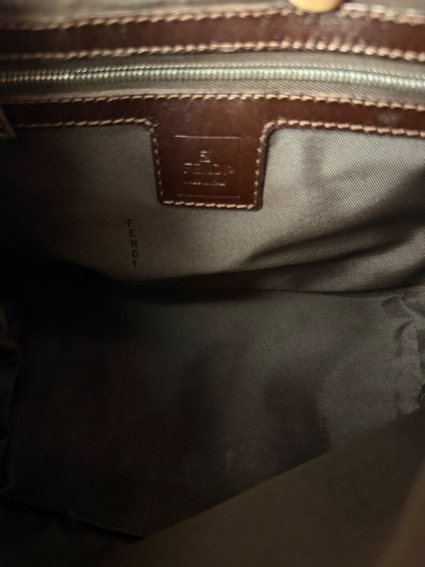 Fendi Brown Leather Trim Zucca Hobo Baguette