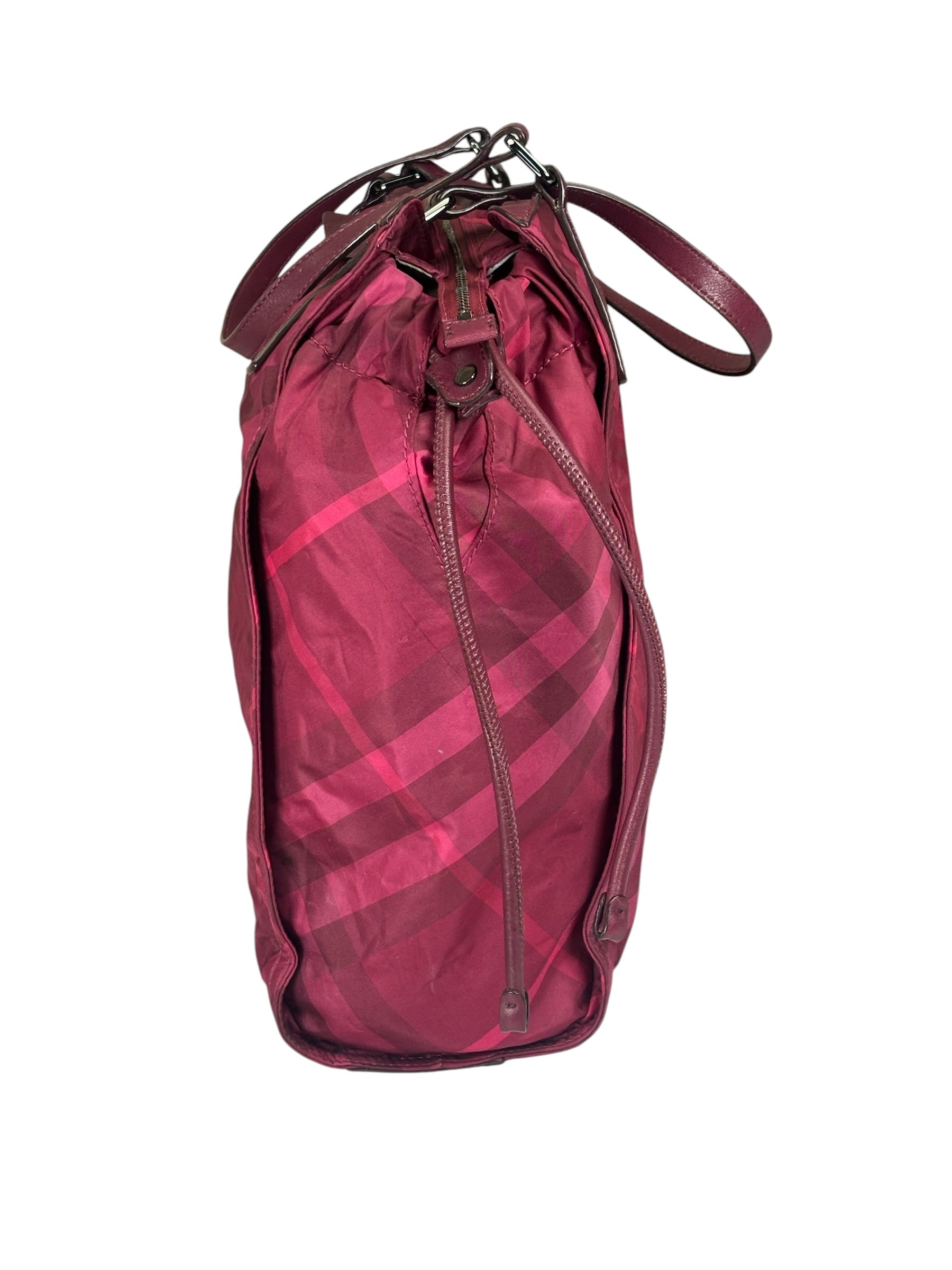 Burberry Plum Nylon/Leather Trim Nova Check Buckleigh Packable Tote