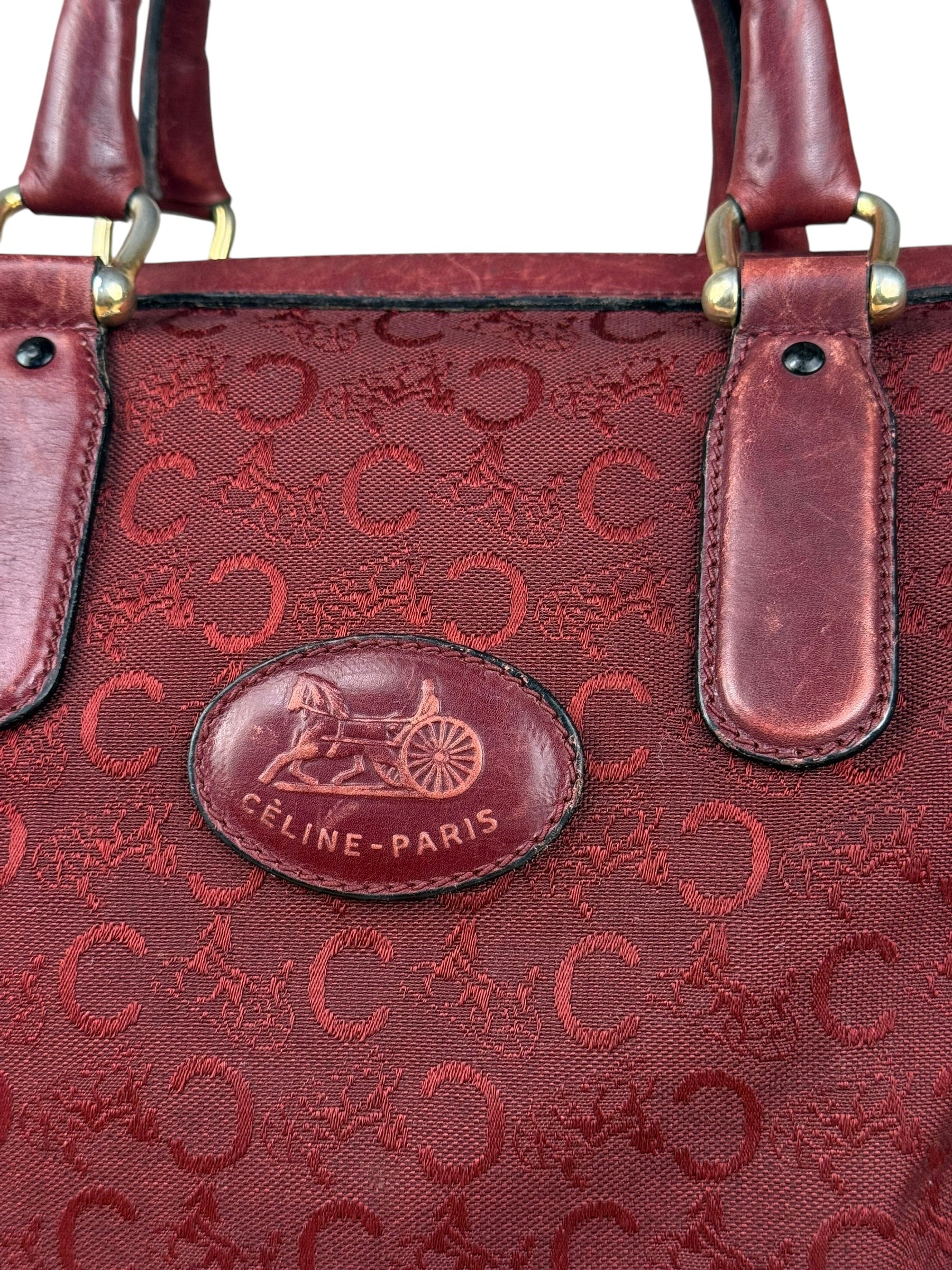 Celine Vintage Burgundy Macadam Print Mini Boston Handbag