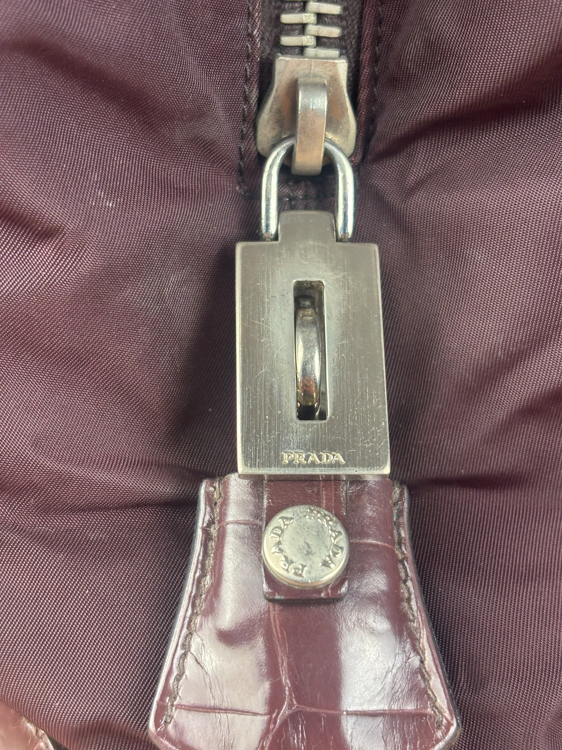 Prada Vintage Plum Nylon Leather Embossed Handbag