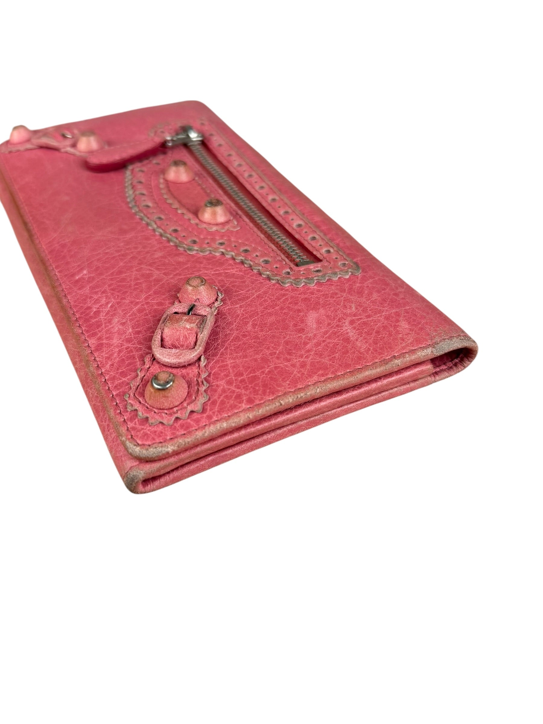 Balenciaga Pink Leather Moto Long Wallet