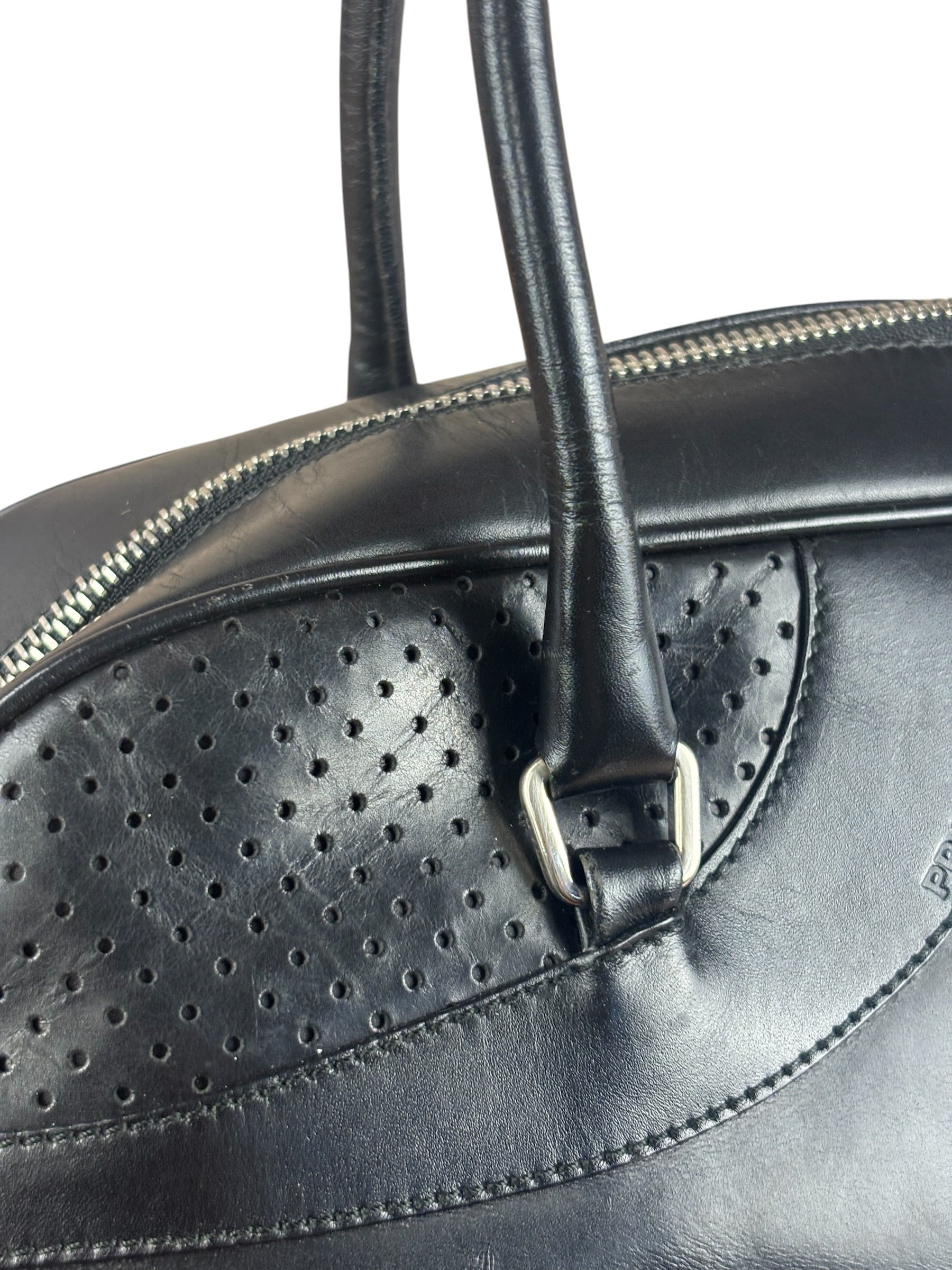 Prada Vintage Black Leather Vitello Drive Perforated Bowling Tote Bag