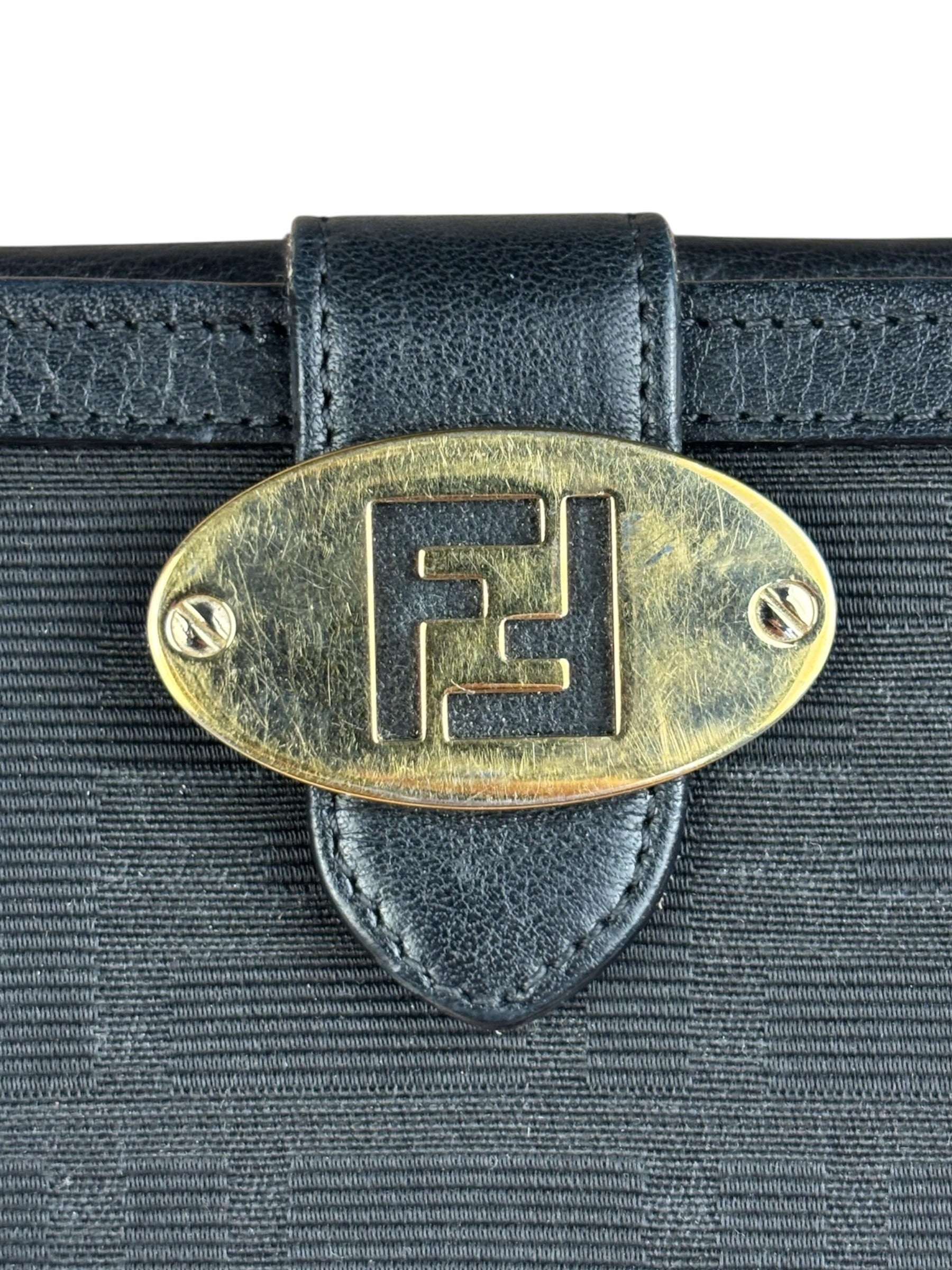 Fendi FF Black Canvas Leather Trim Compact Wallet