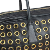 Prada Vintage Black Leather Nappa Metal Grommet Bauletto Handbag