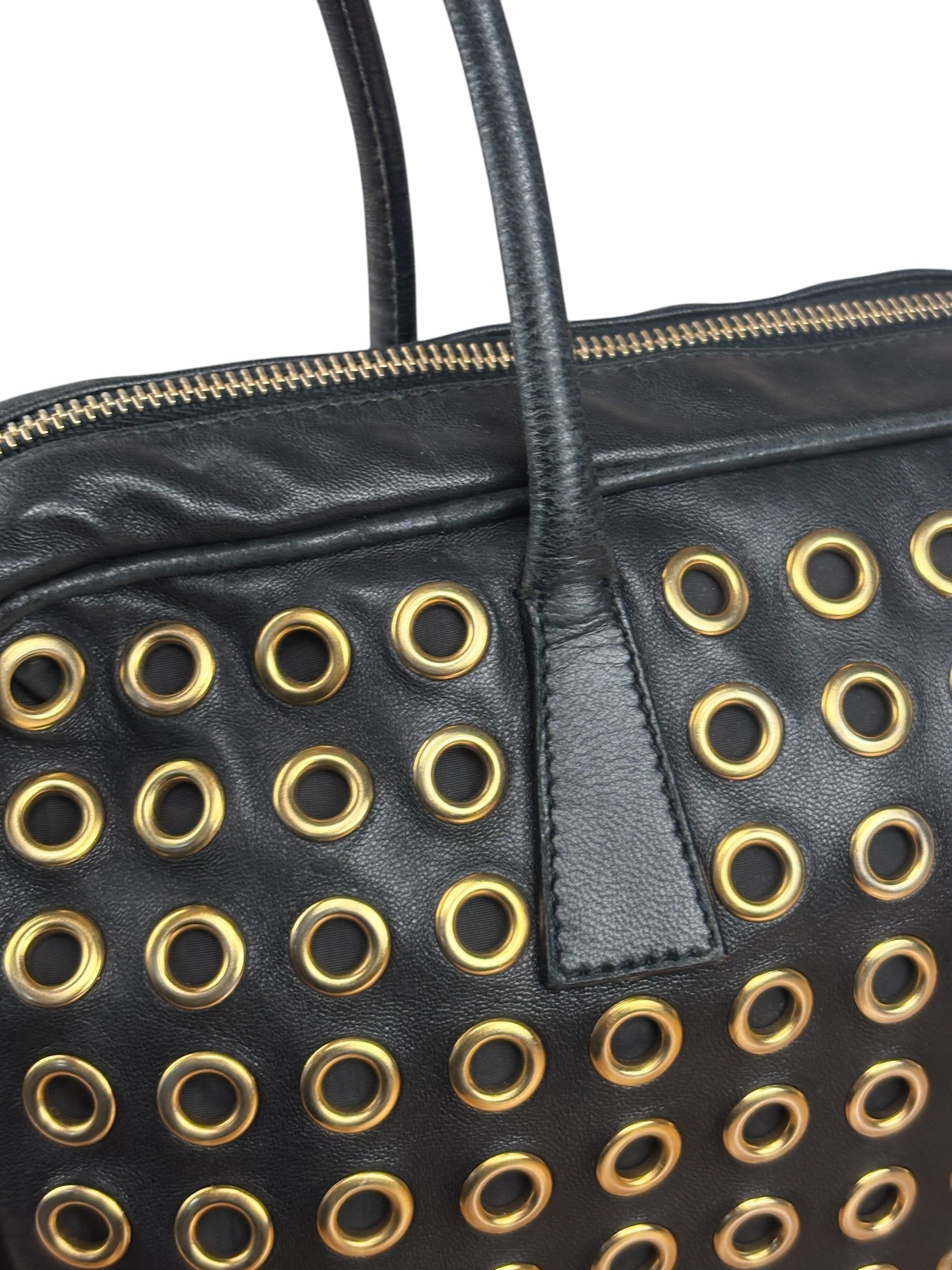 Prada Vintage Black Leather Nappa Metal Grommet Bauletto Handbag