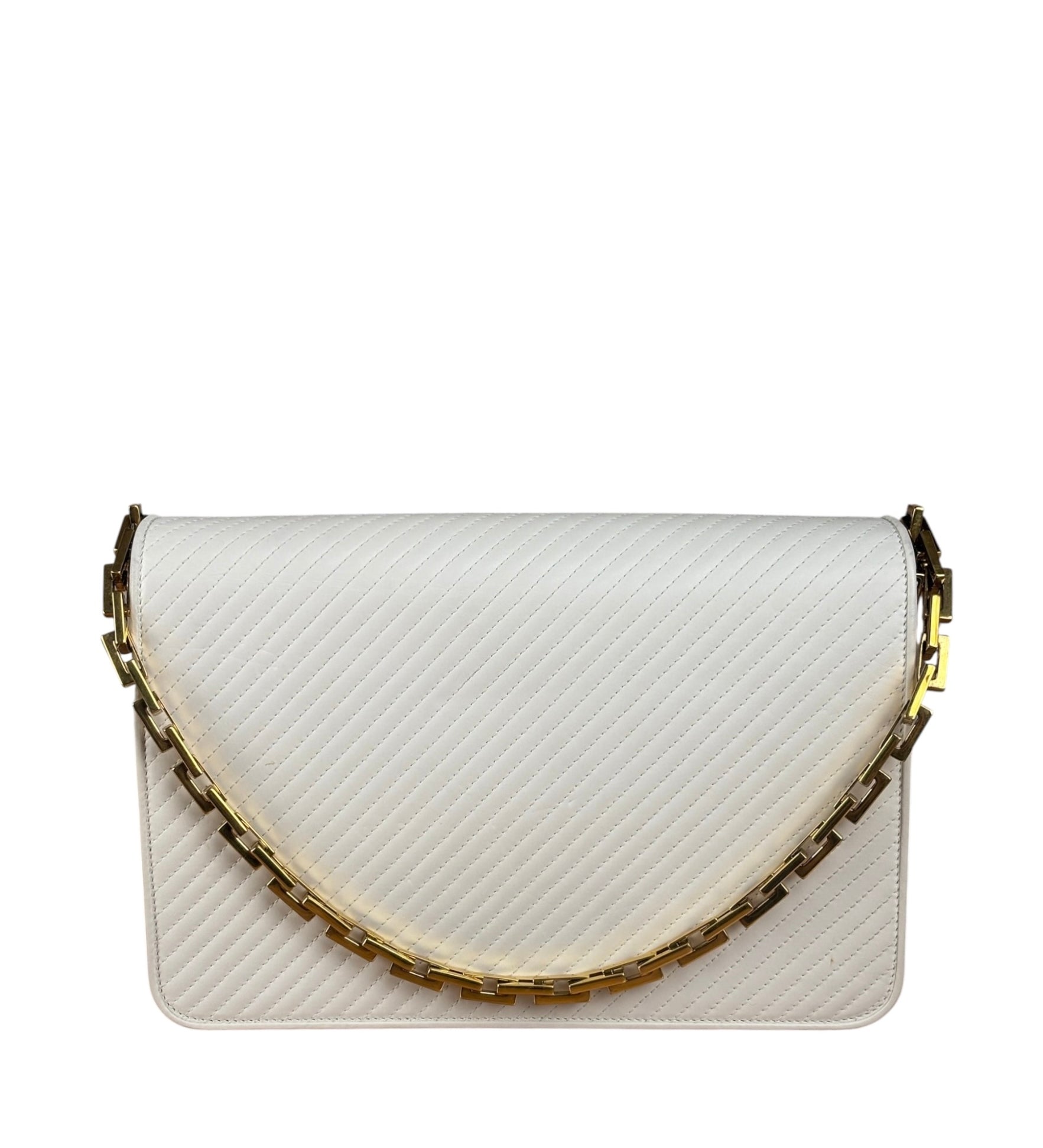 YSL White Chevron Quilted Babylone Chain Flap Shoulder Bag