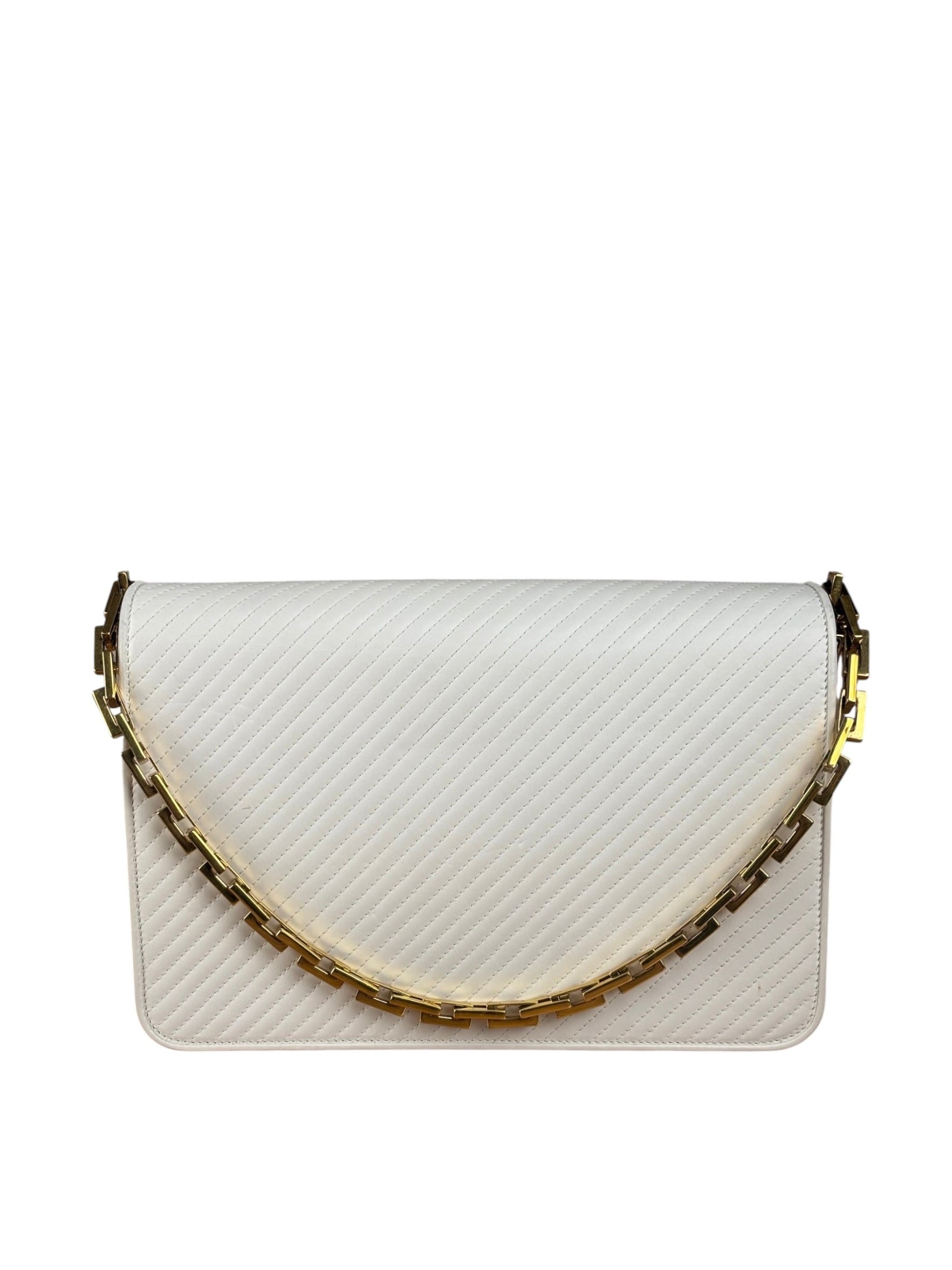 YSL White Chevron Quilted Babylone Chain Flap Shoulder Bag