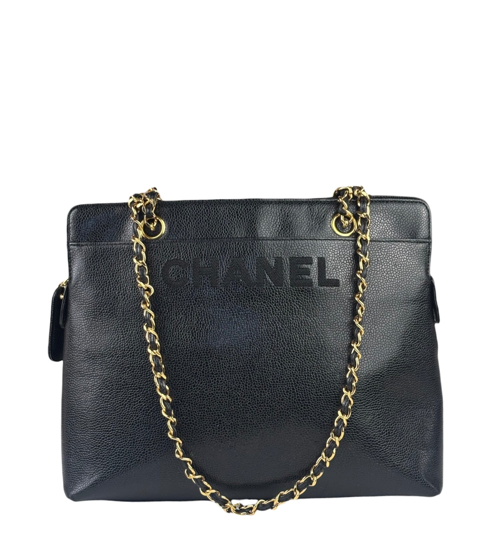 Chanel Vintage Black Caviar Leather Timeless Chain Shoulder Tote 1998