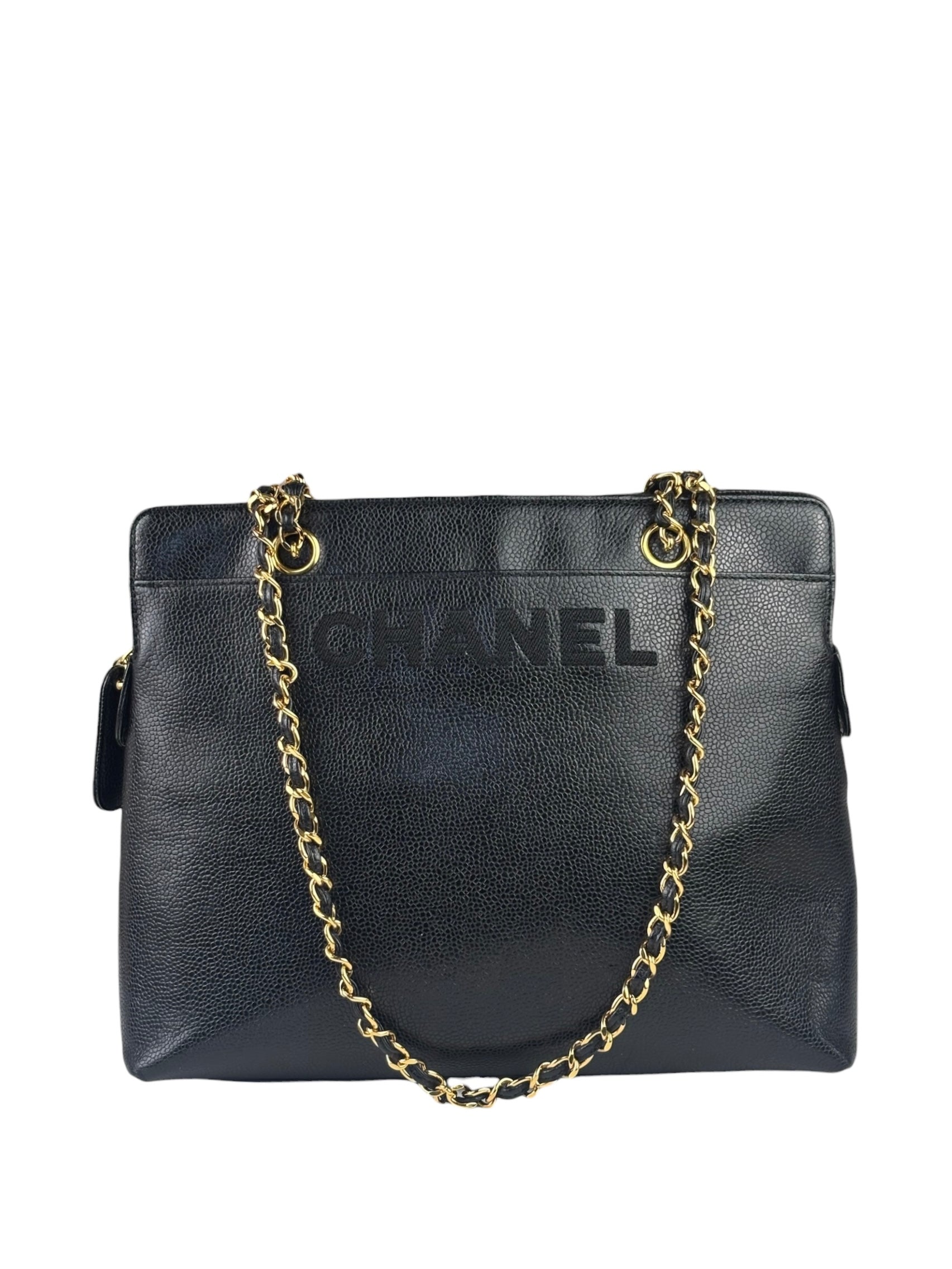 Chanel Vintage Black Caviar Leather Timeless Chain Shoulder Tote 1998