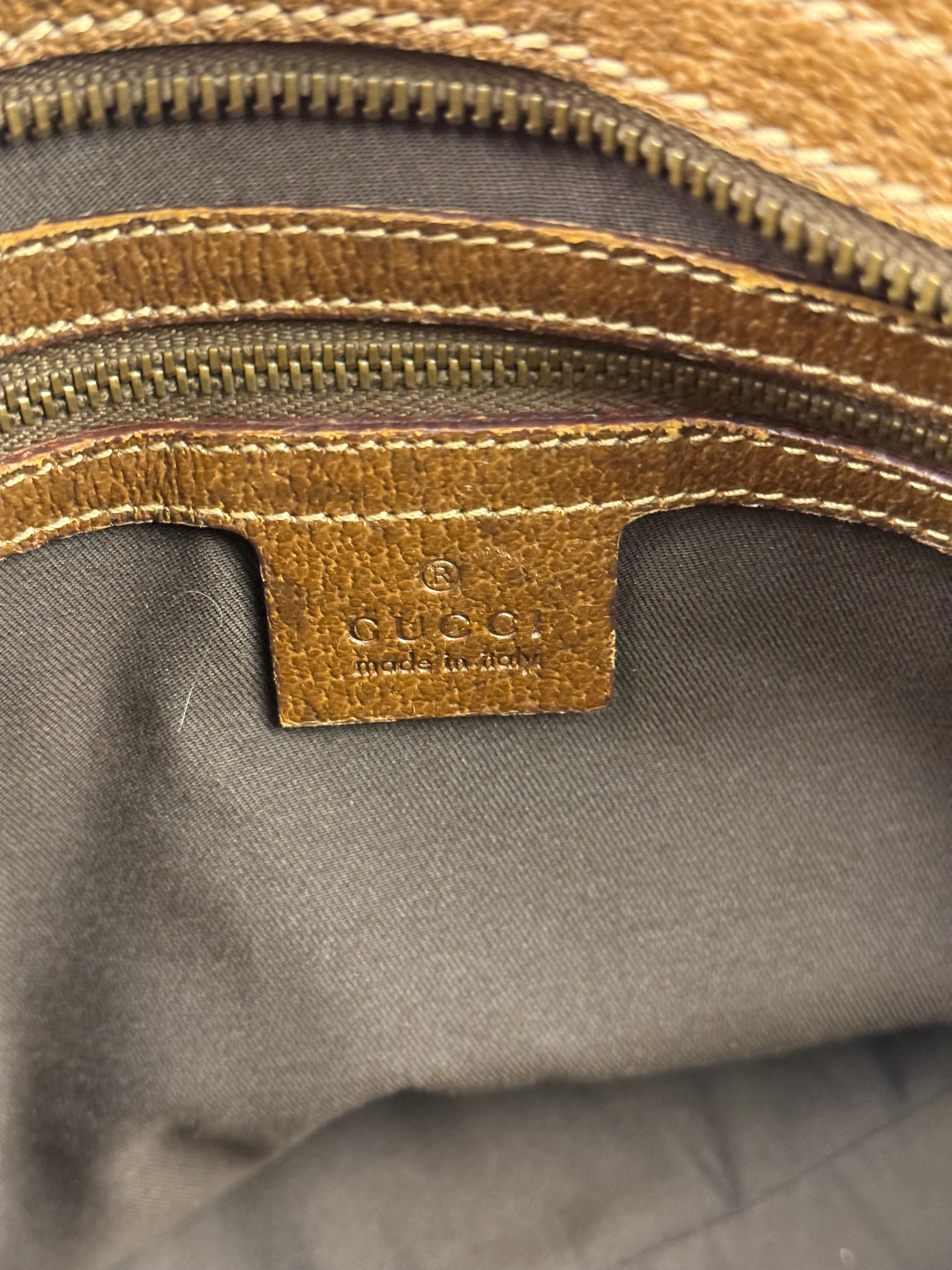 Gucci Vintage Brown Leather Trim Grommet Web Shoulder Bag