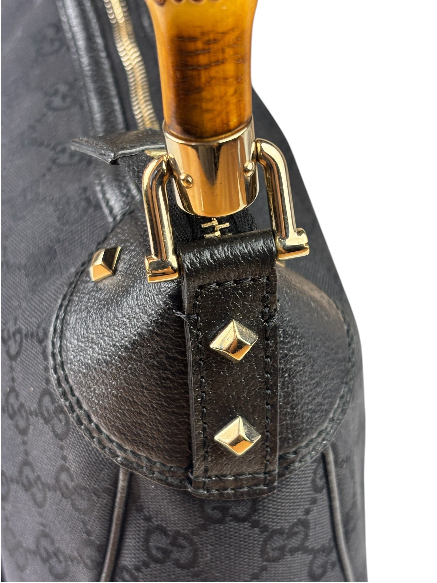 Gucci Black Leather Trim Bamboo Handle Hobo Bag