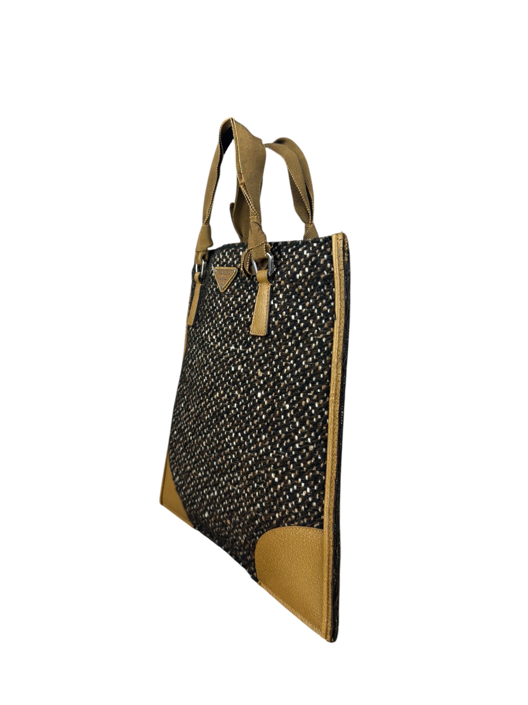 Prada Vintage Brown/Black Woven Tweed Trim Tote Handbag