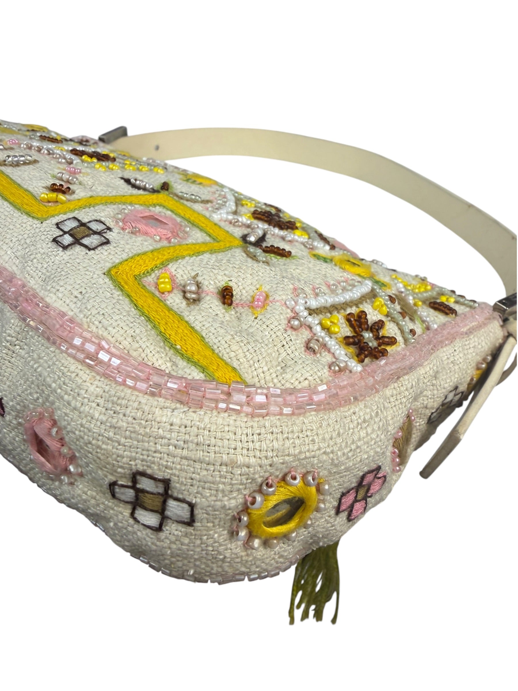 Fendi Cream Leather Trim Beaded Baguette