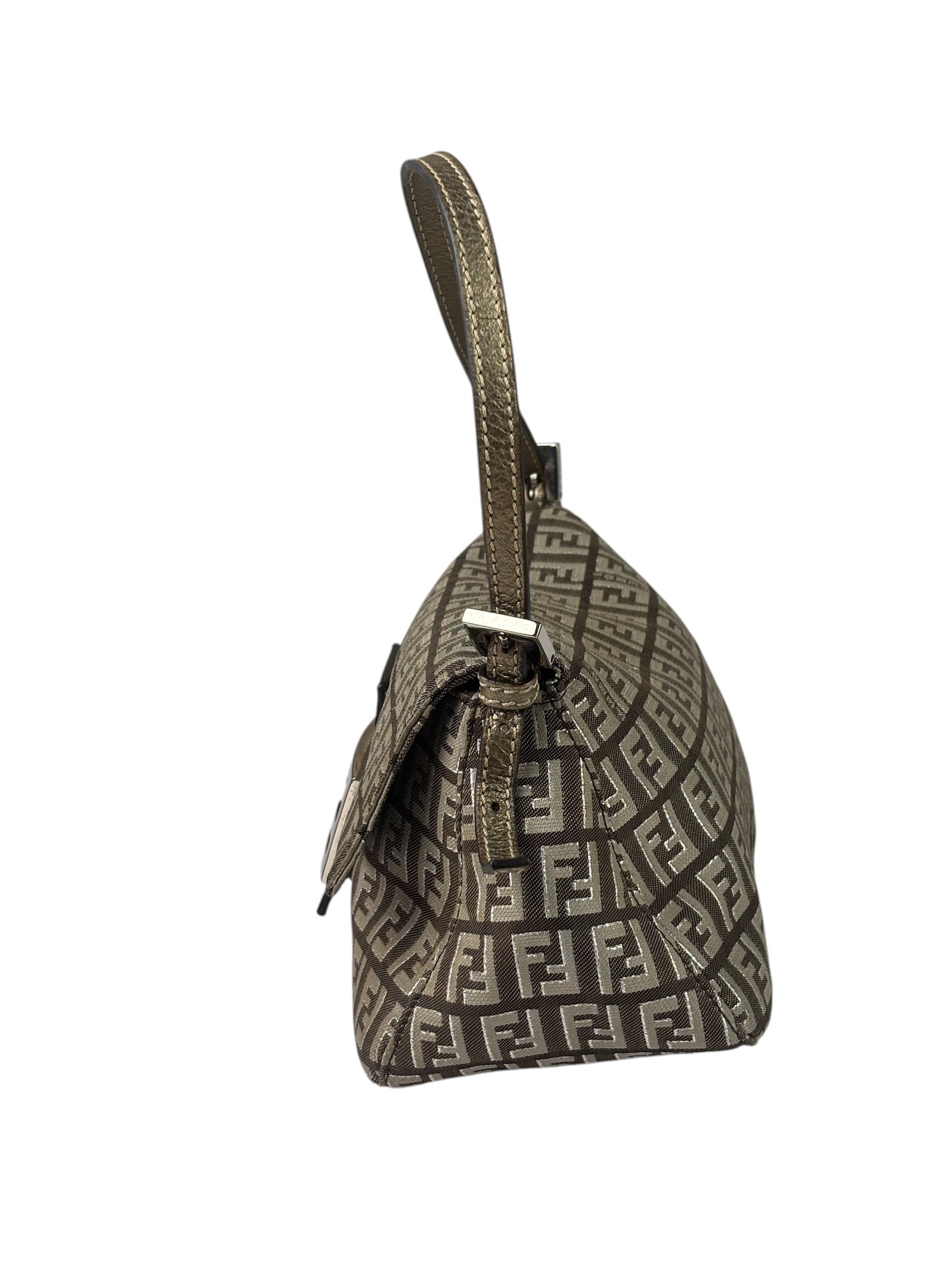 Fendi Brown/Metallic Gold Leather Trim Zucca Baguette
