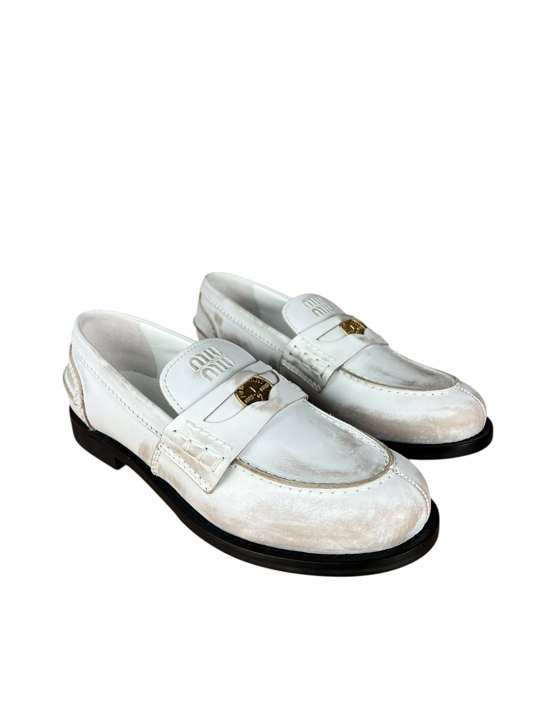 Miu Miu White Distressed Leather Penny Loafers