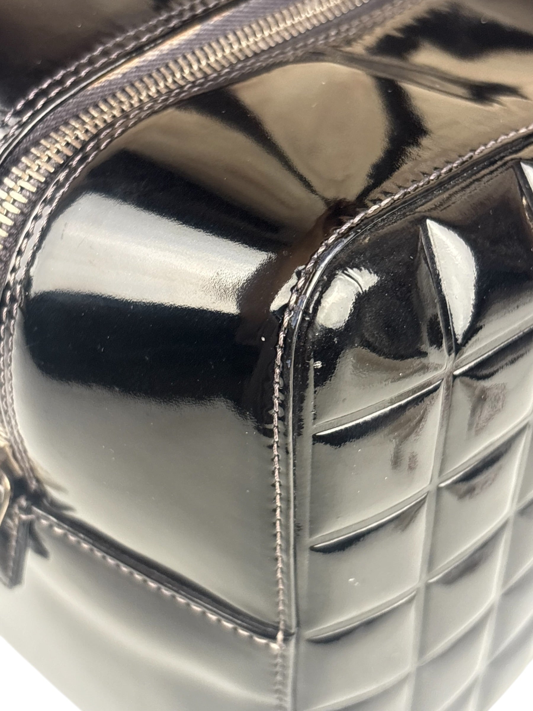 Chanel Black Leather Patent Chocolate Bar Bowler Hand Bag
