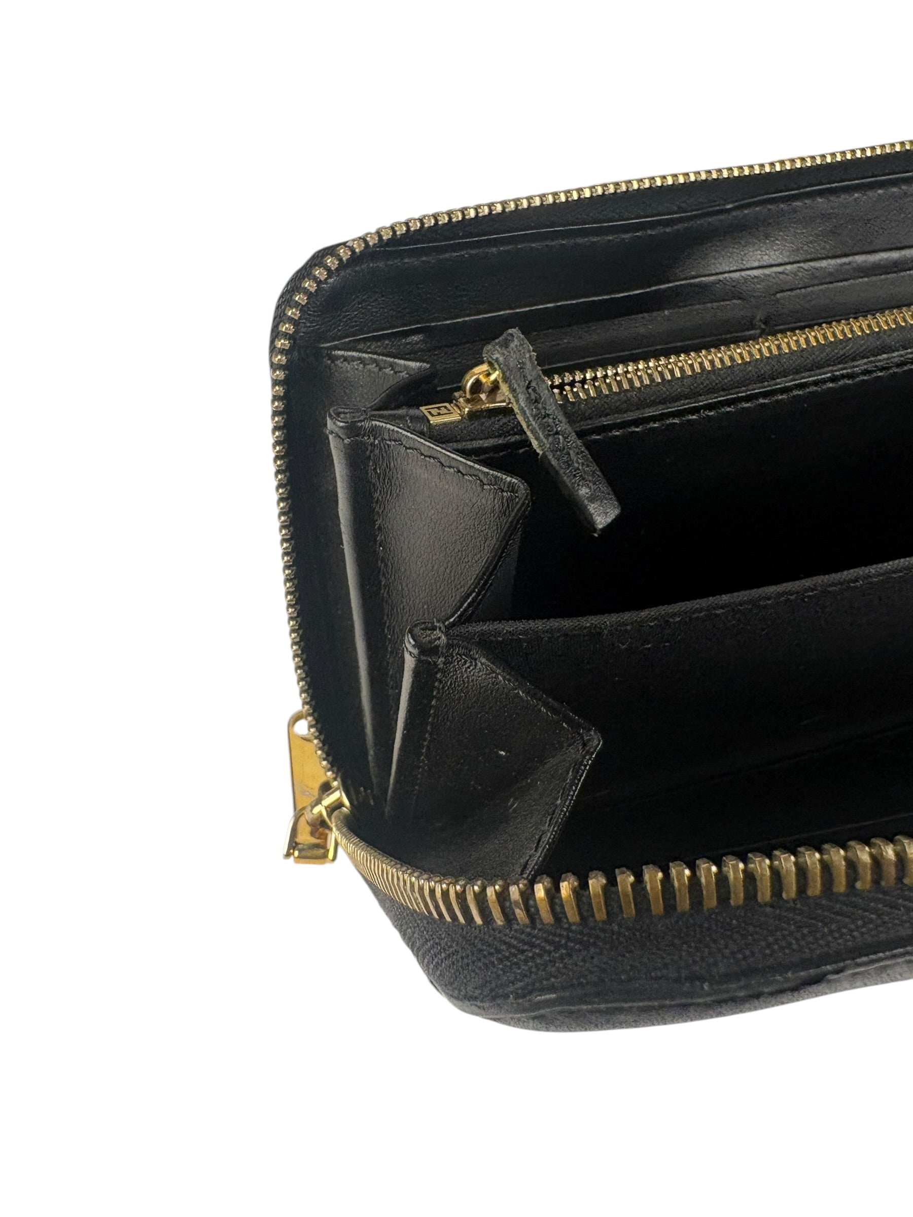 Fendi Black Leather F Logo Zip-Around Long Wallet