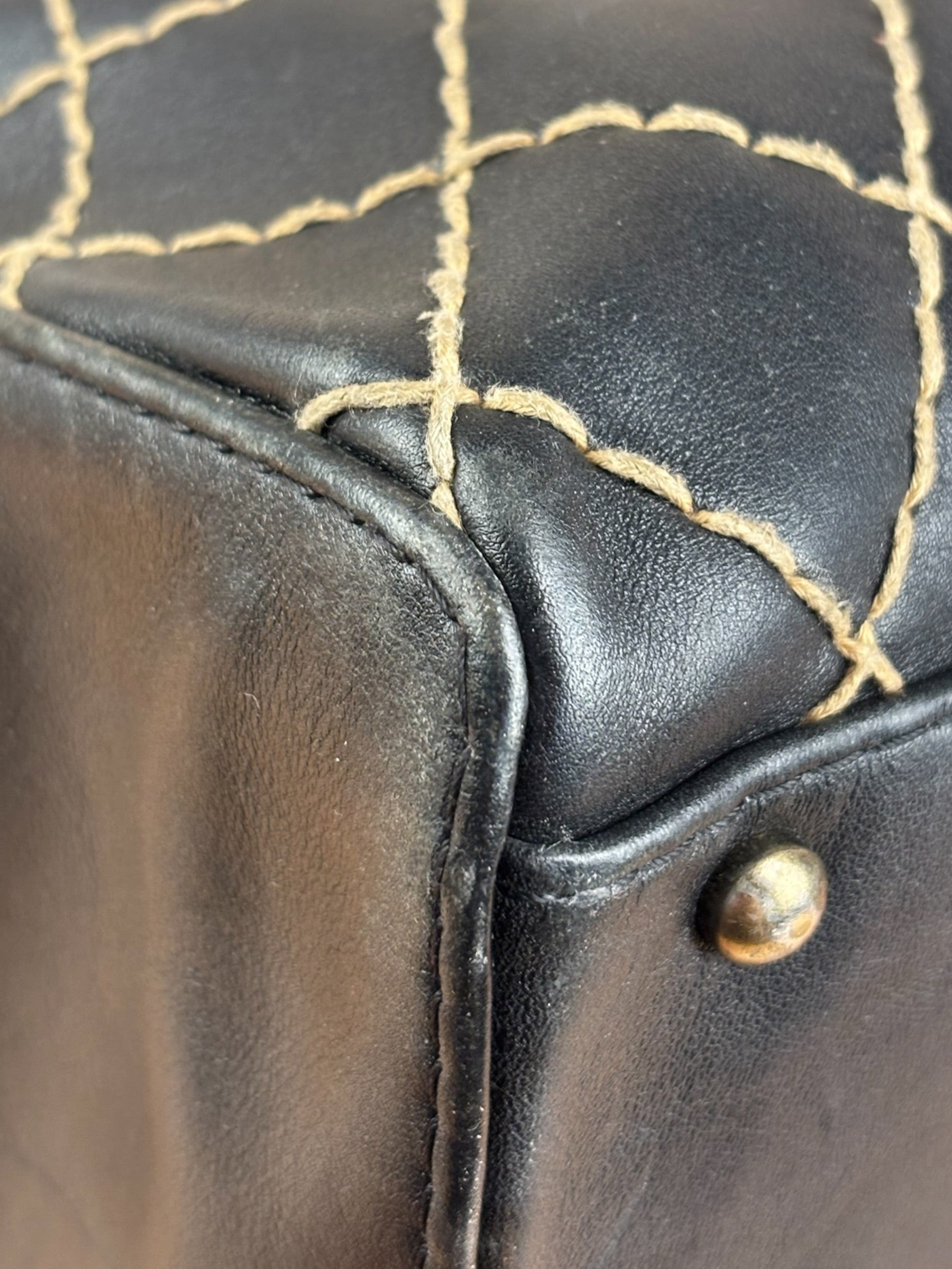 Chanel Vintage Black Leather Wild Stitch Bowler Shoulder Bag 2001