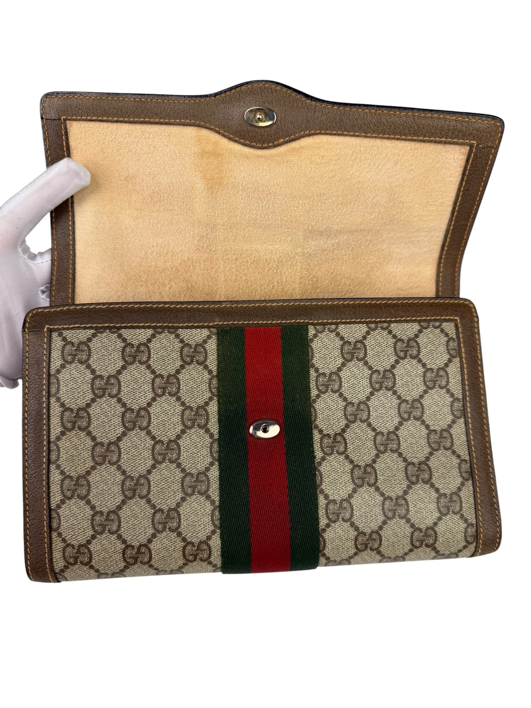 Gucci Brown Leather GG Supreme Web Stripe Clutch