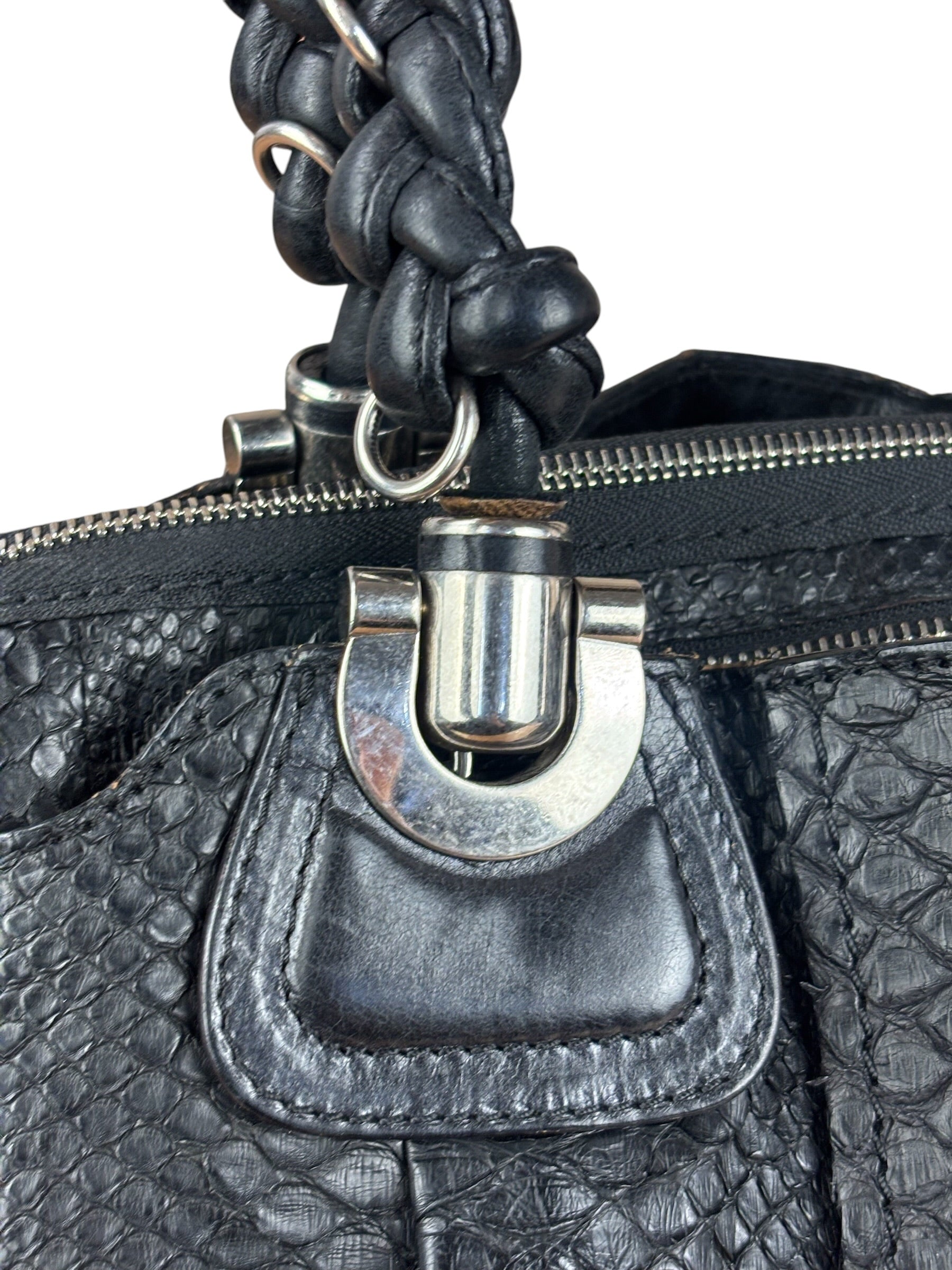 Chloé Vintage Black Leather Python Silverado Shoulder Bag