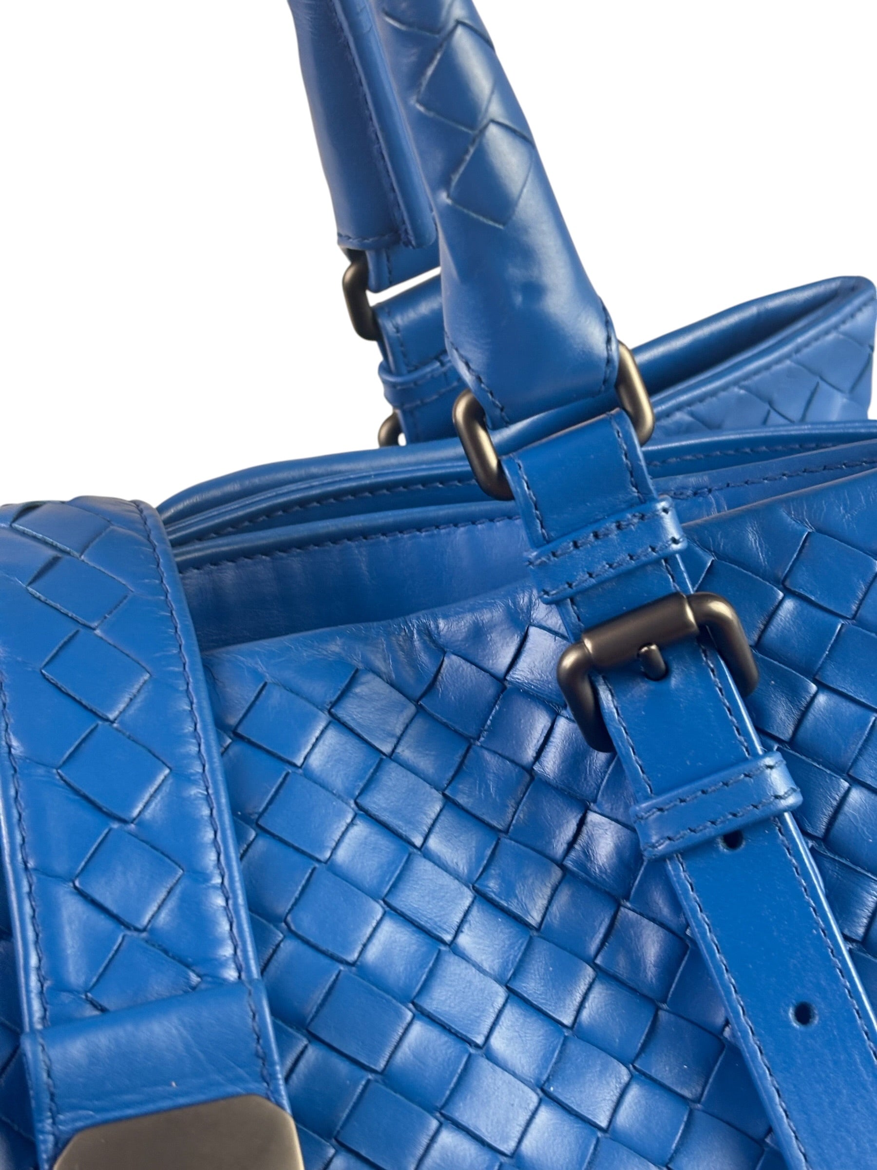 Bottega Venete Blue Lambskin Intrecciato Roma Tote