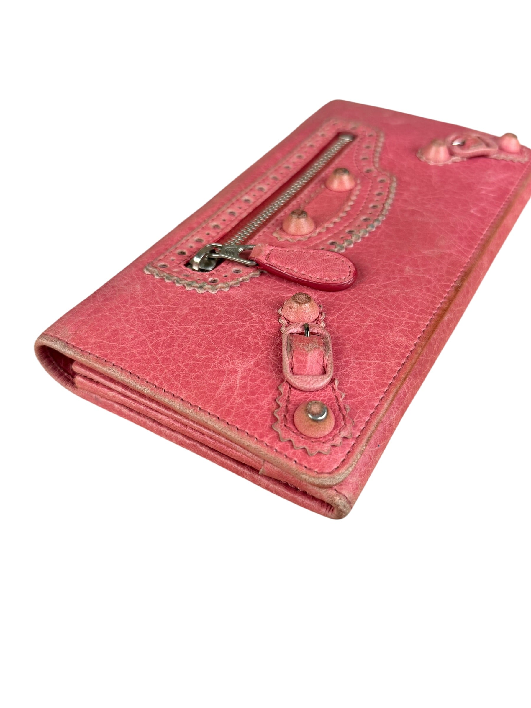 Balenciaga Pink Leather Moto Long Wallet
