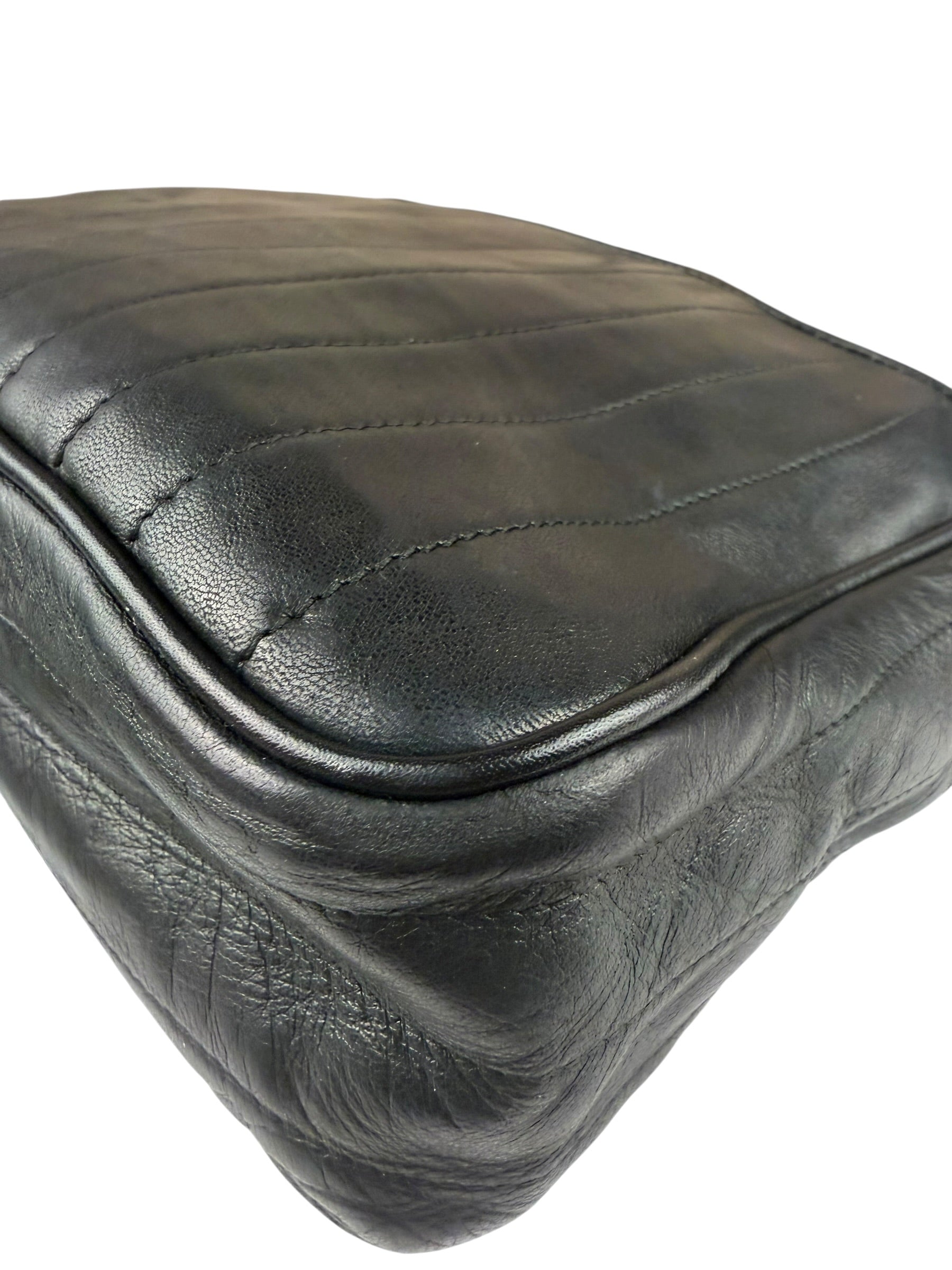 Chanel Vintage Black Leather Mademoiselle Vertical Quilted Shoulder Bag 1990's
