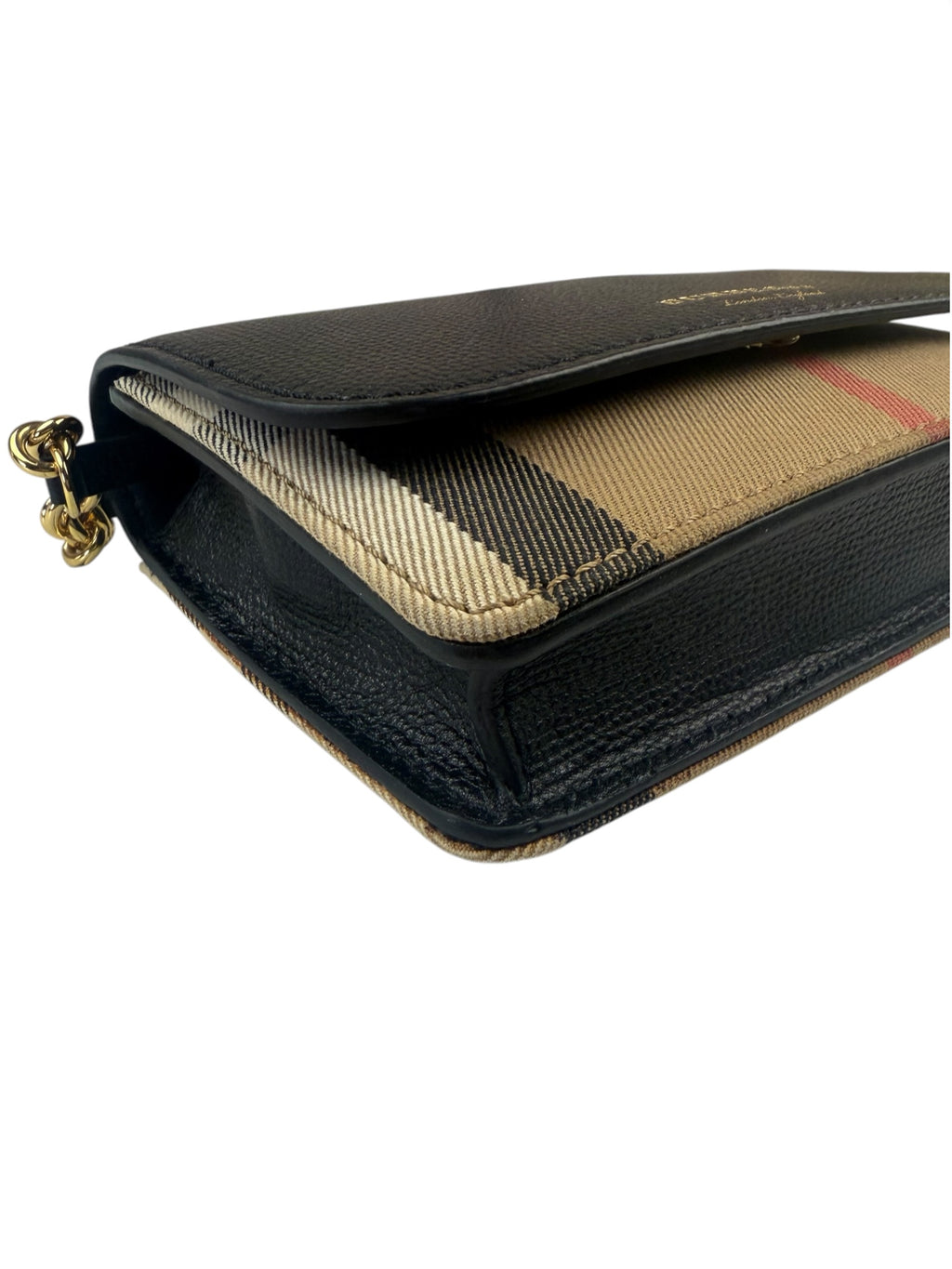 Burberry Black Leather House Check Flap Wallet On Chain