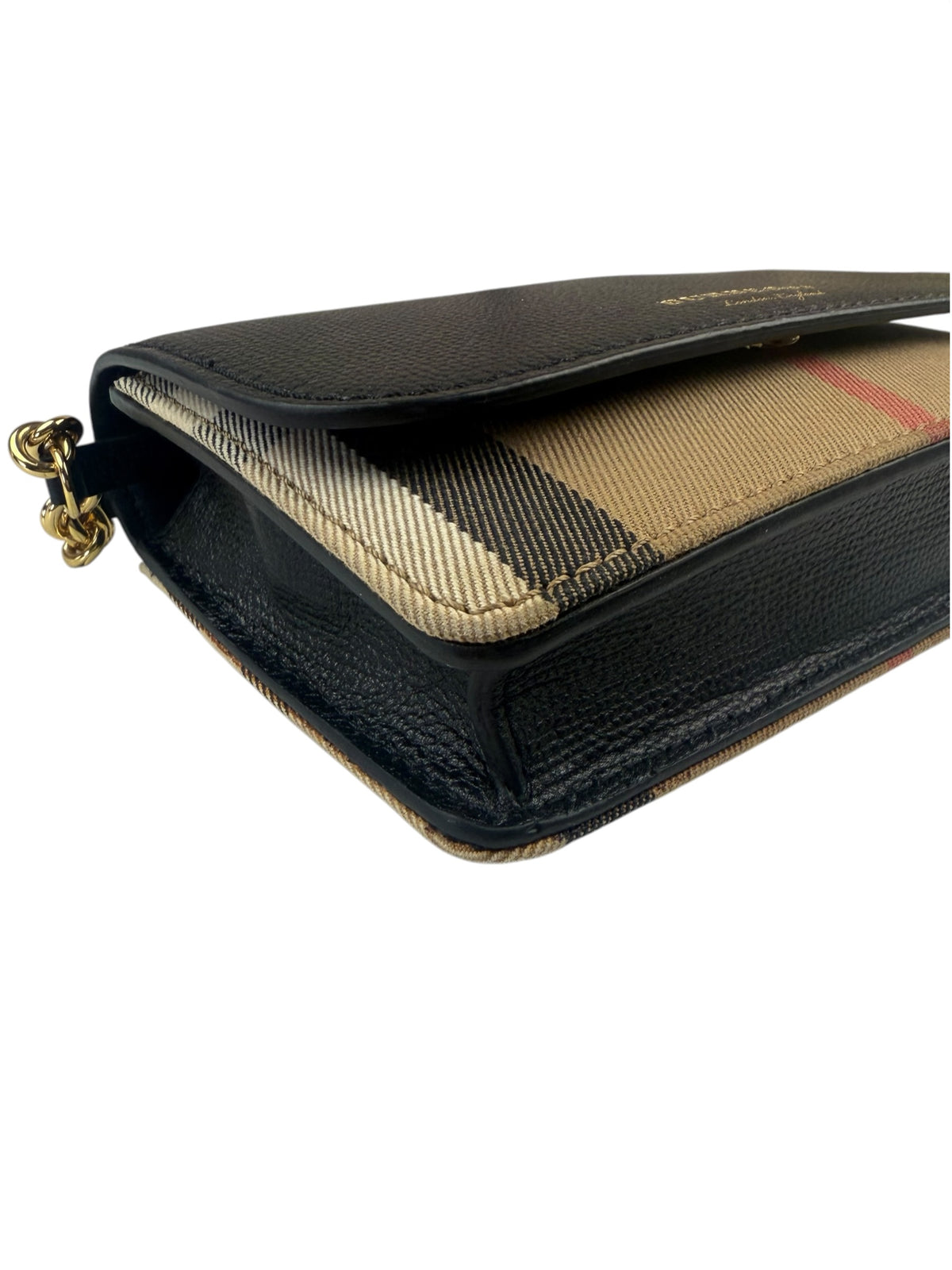Burberry Black Leather House Check Flap Wallet On Chain