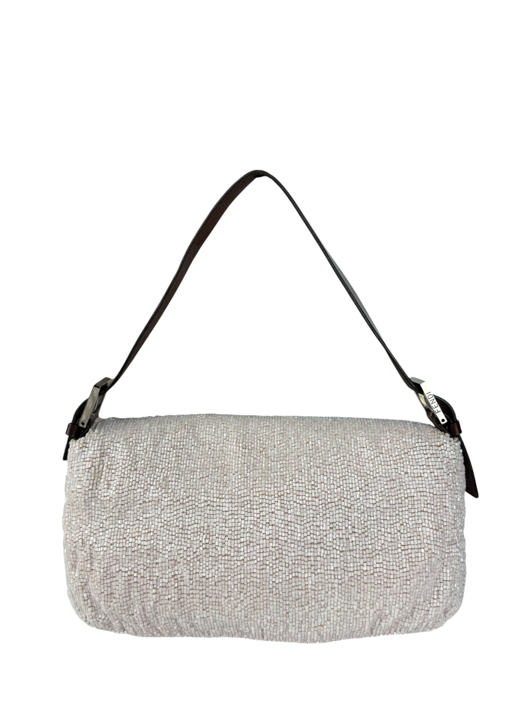 Fendi Leather-Trimmed Beaded Baguette Light Pink