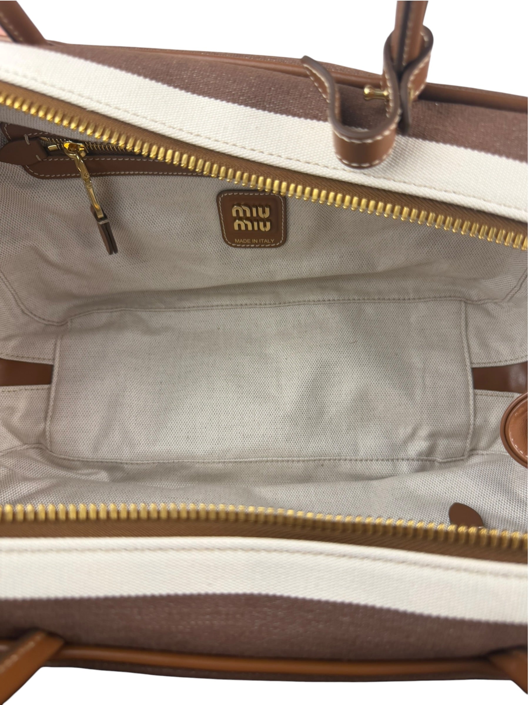Miu Miu Canvas Stripped Beau Top Handle Bag