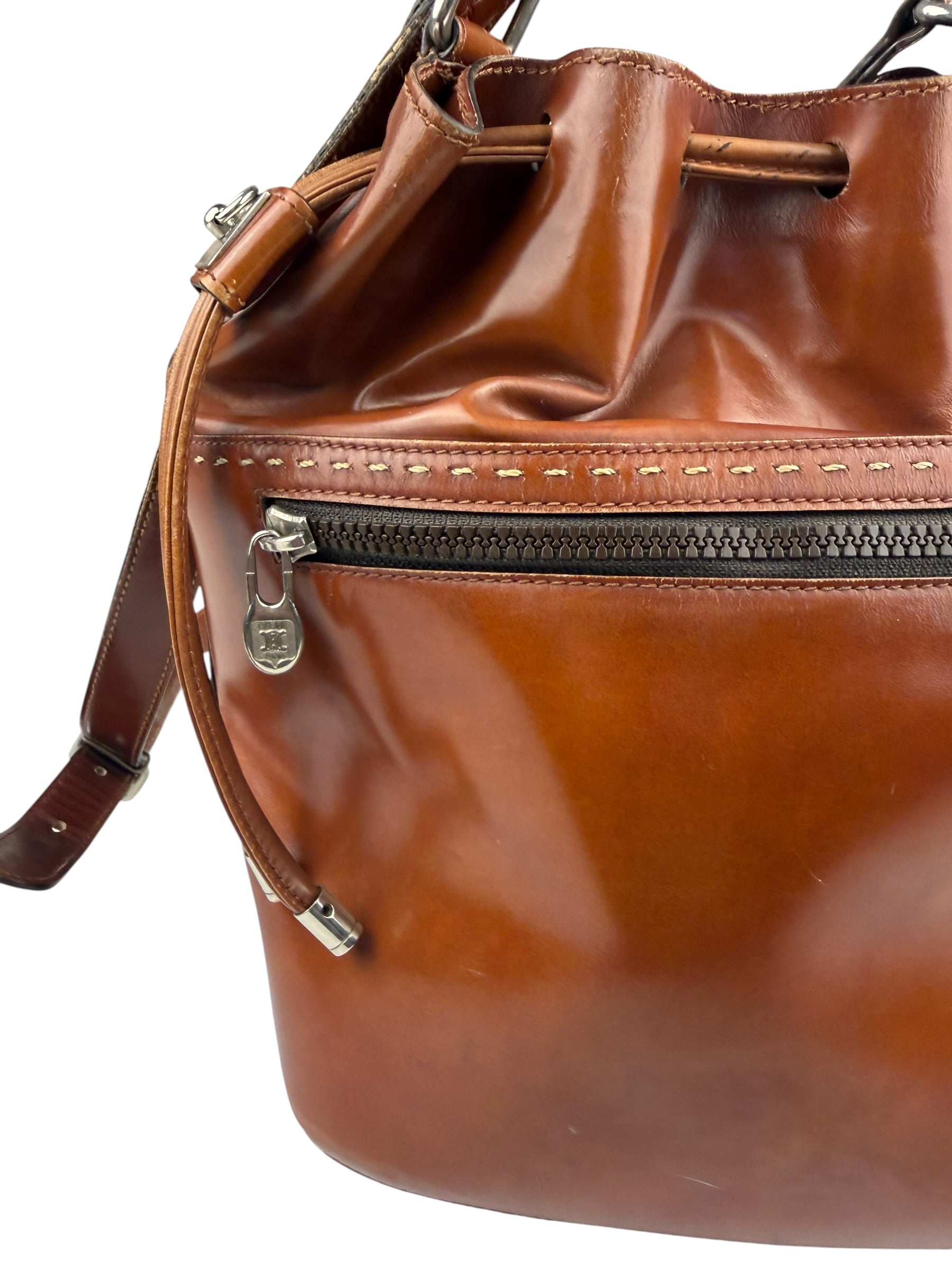 Celine Vintage Brown Leather Cinch Bucket Crossbody Bag