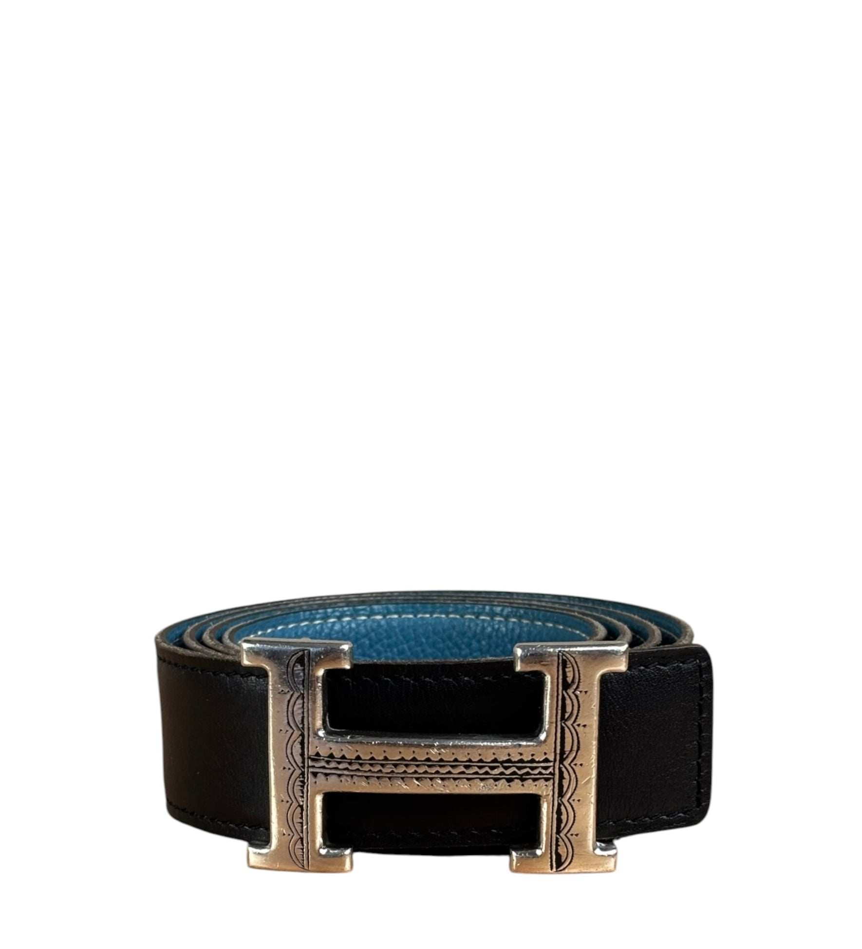 Hermes Tuareg H Solid Silver Buckle Black/Blue Belt