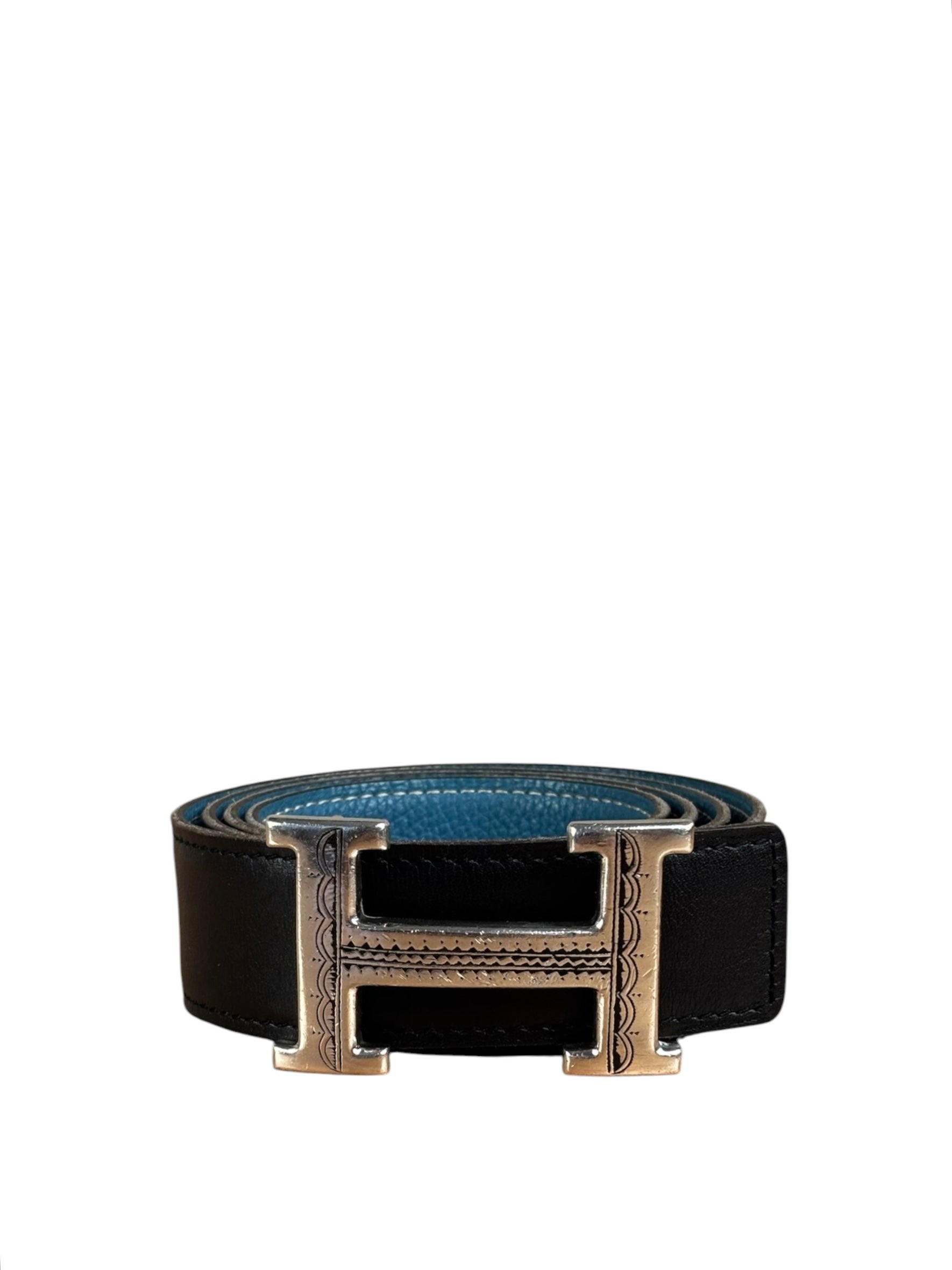Hermes Tuareg H Solid Silver Buckle Black/Blue Belt