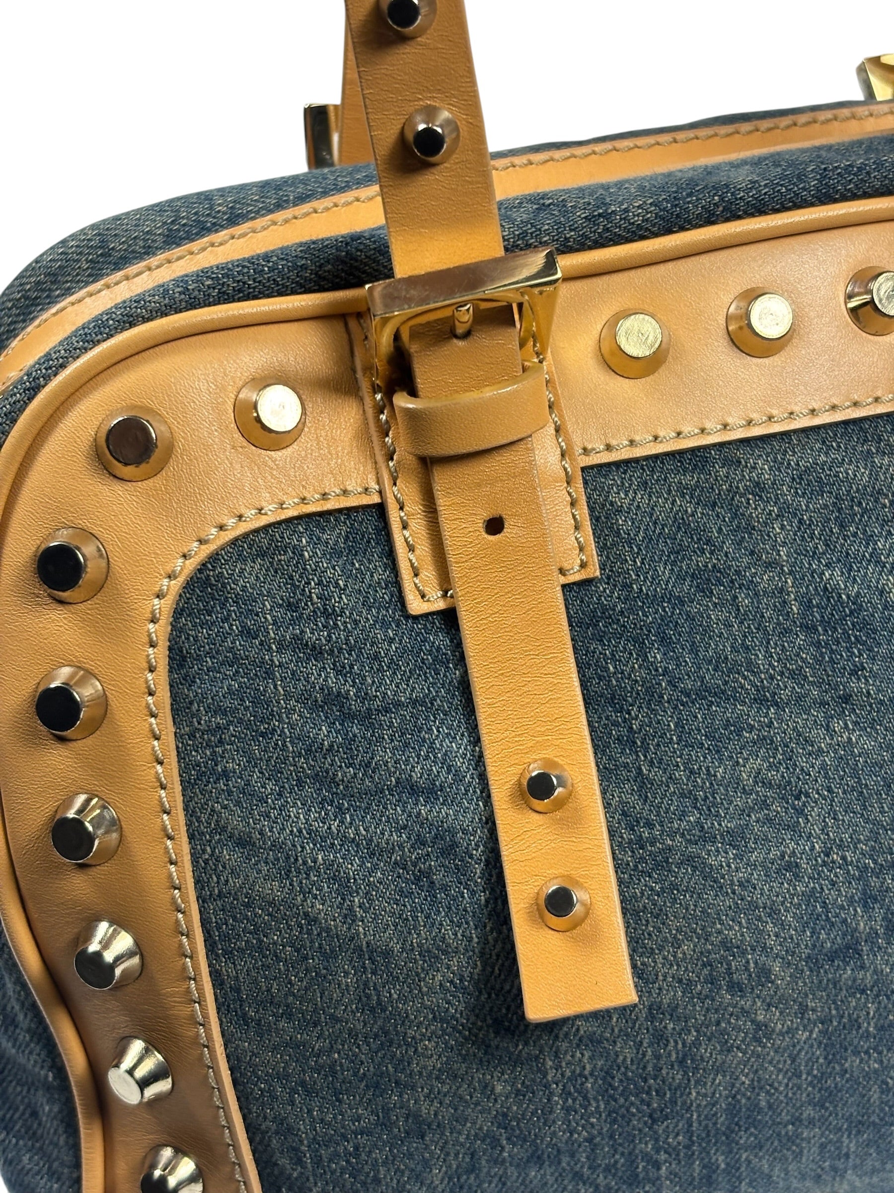 Fendi Blue/Brown Denim/Leather Trim Studded Shoulder Bag