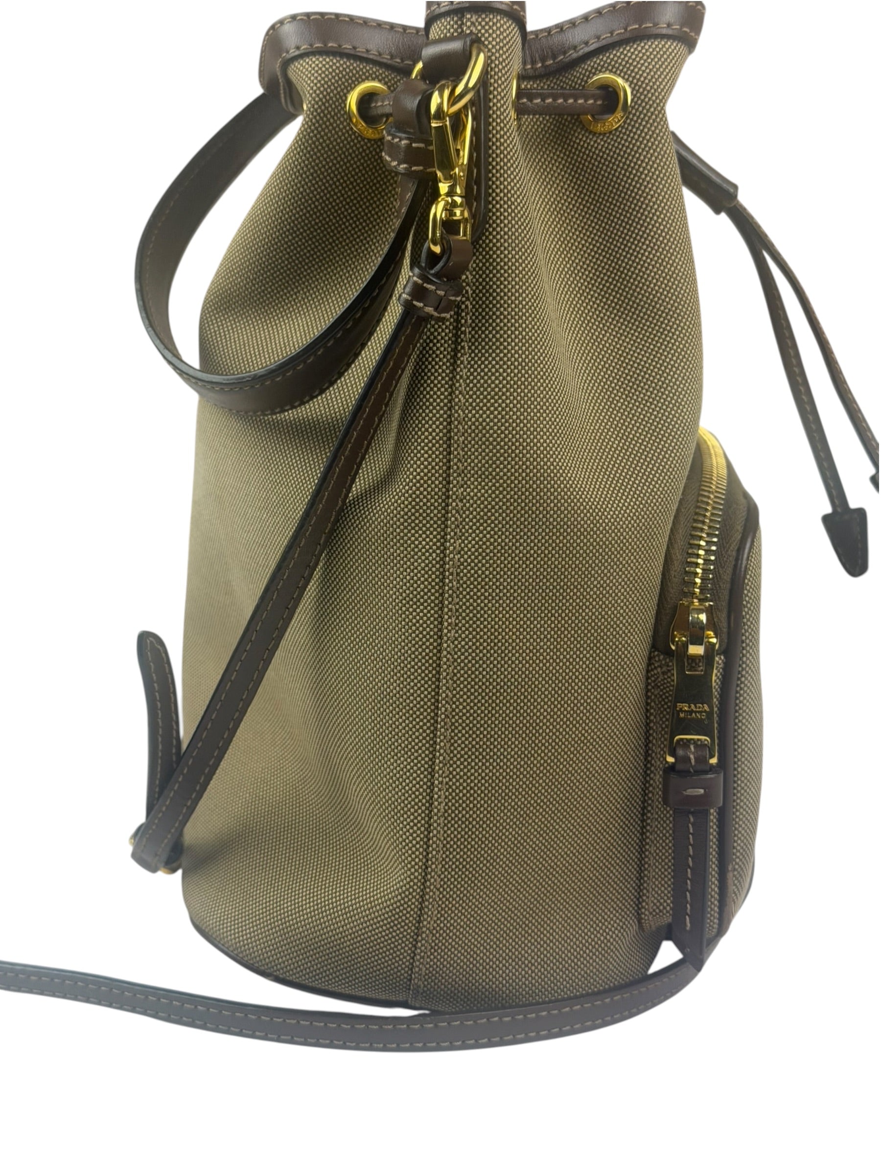 Prada Tan Beige Leather Trim Jaquard Canvas Bucket Bag