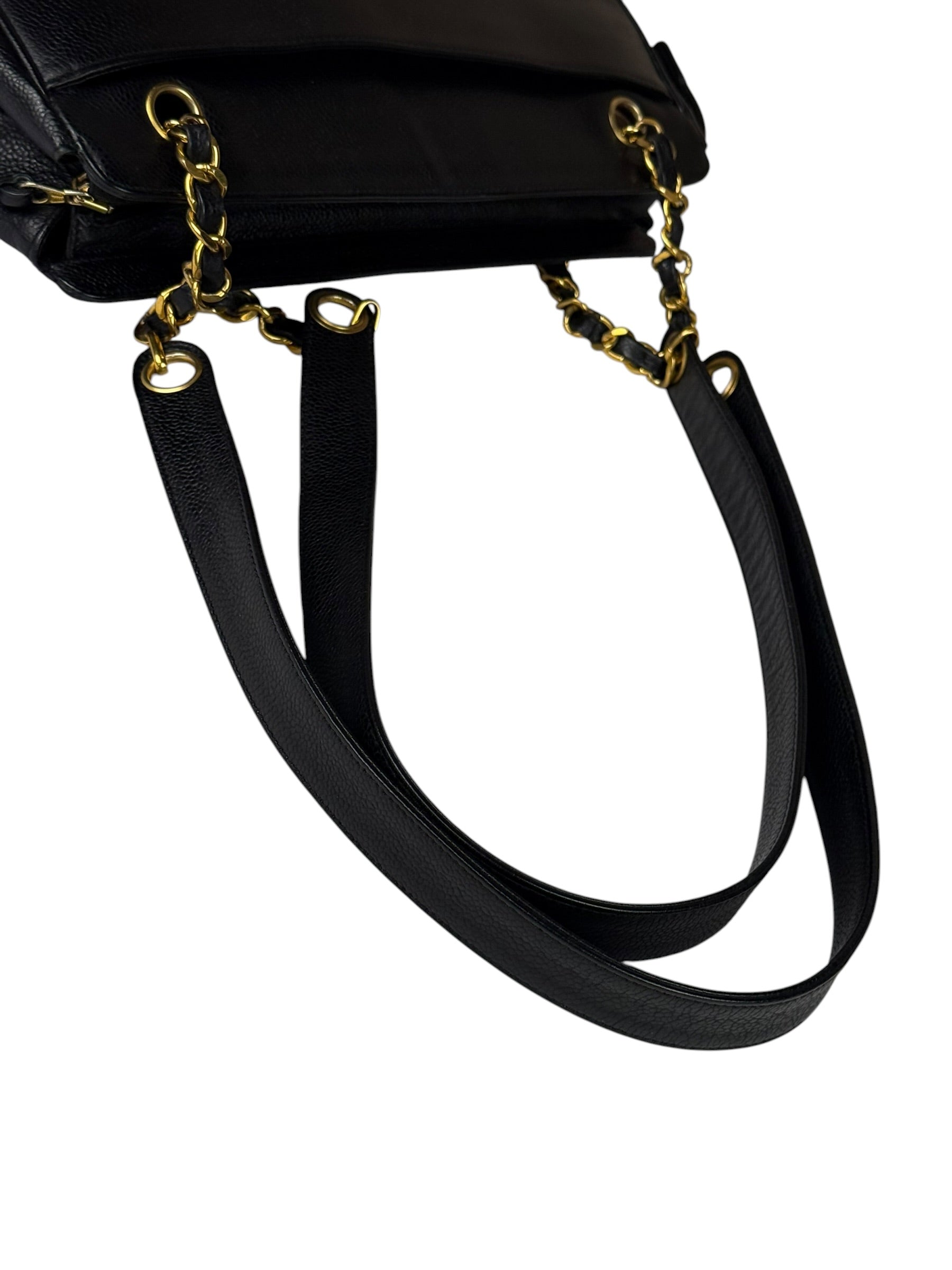 Chanel Vintage Black Caviar Leather Triple CC Chain Tote Bag