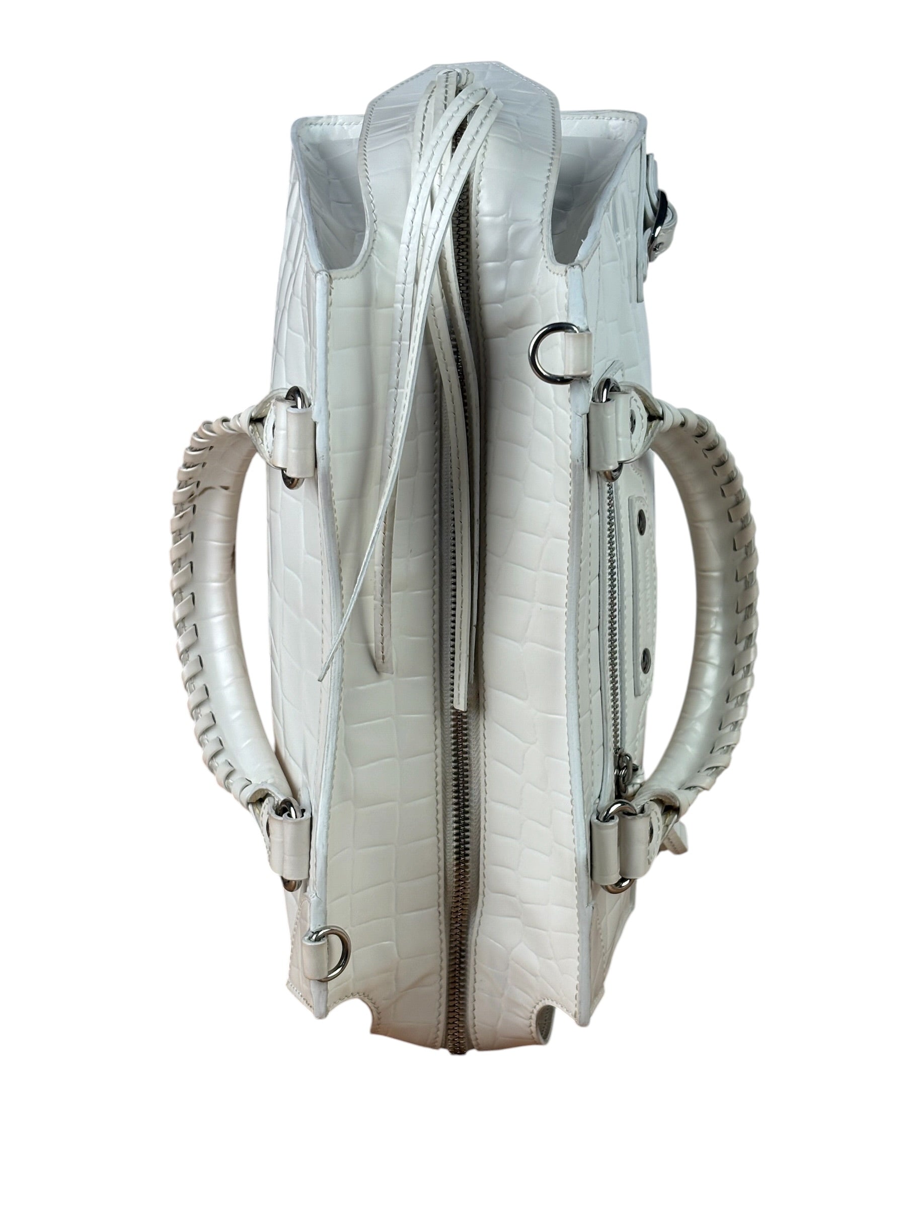 Balenciaga White Crocodile-Embossed Leather Two-Way Bag