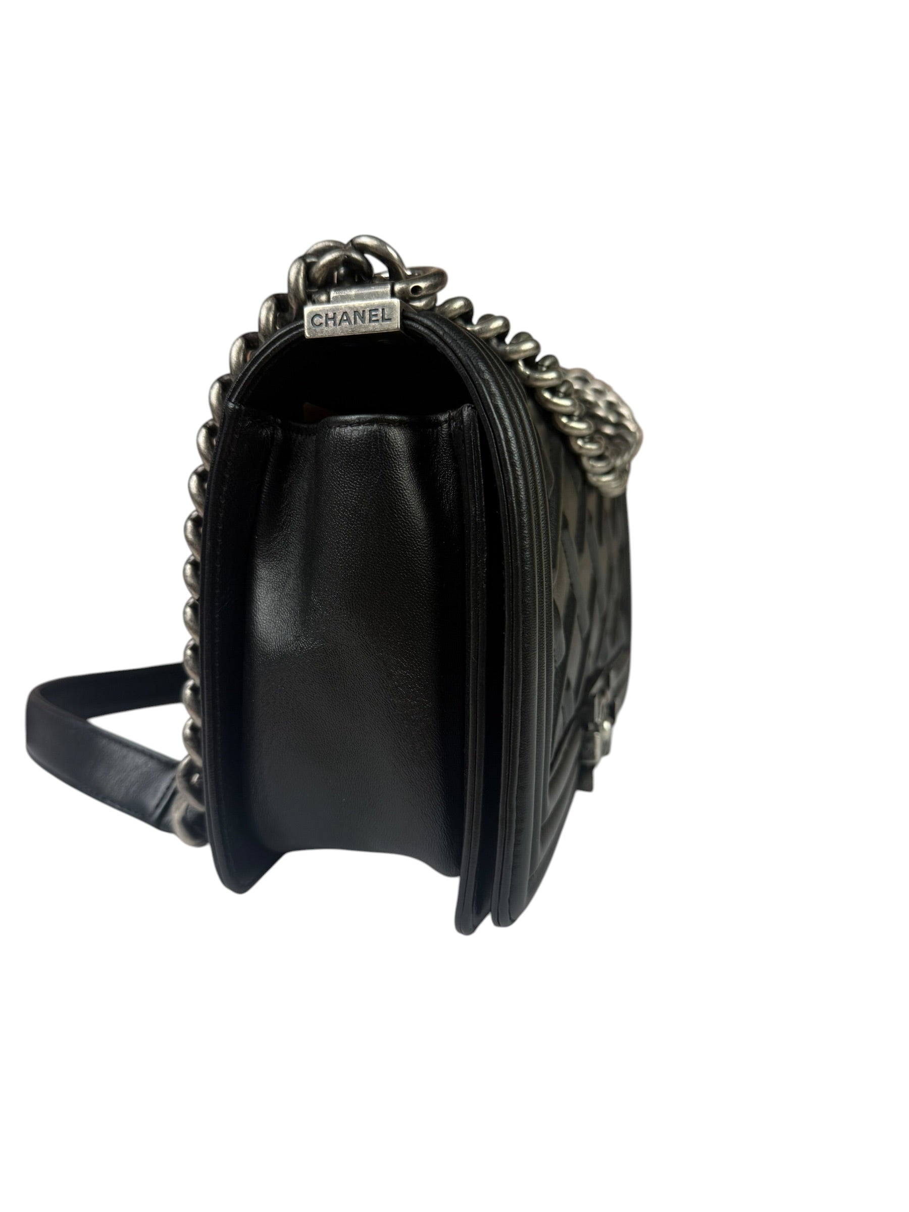 Chanel Black Leather Diamond Quilted Medium Boy Bag 2012