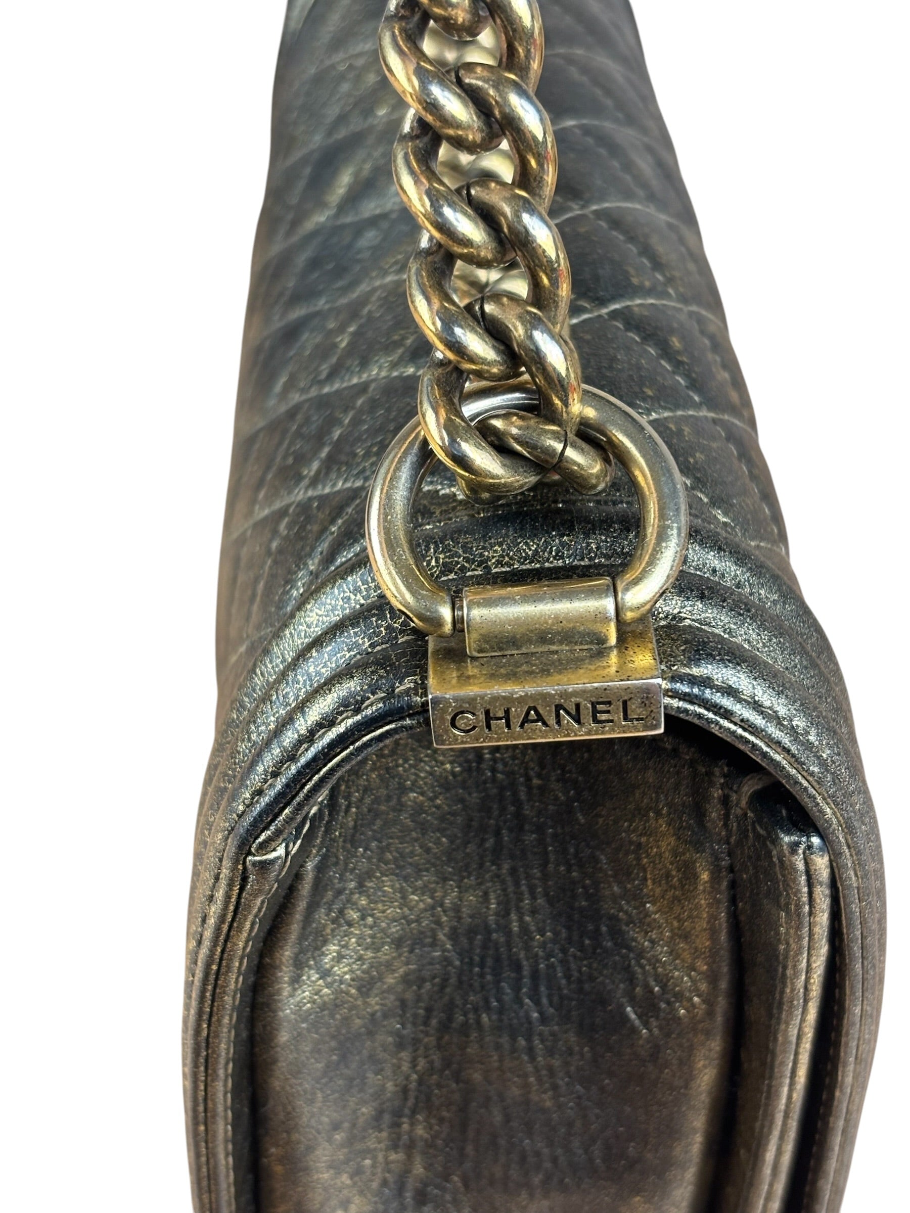 Chanel Metallic Dark Bronze Leather Old Medium Boy Flap Shoulder Bag