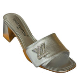 Louis Vuitton Silver Leather Shake Mules LV Crystal Embellished