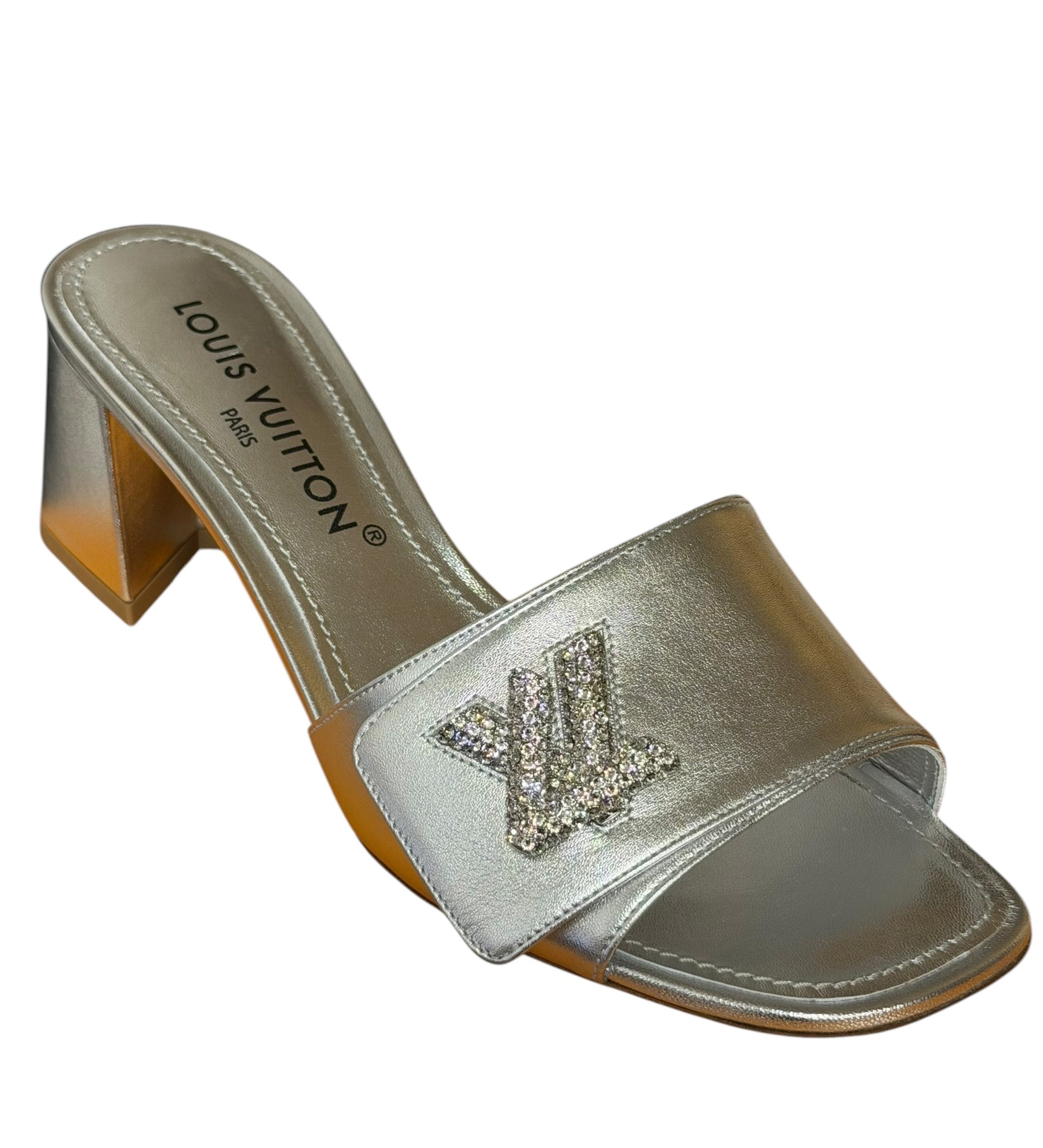 Louis Vuitton Silver Leather Shake Mules LV Crystal Embellished