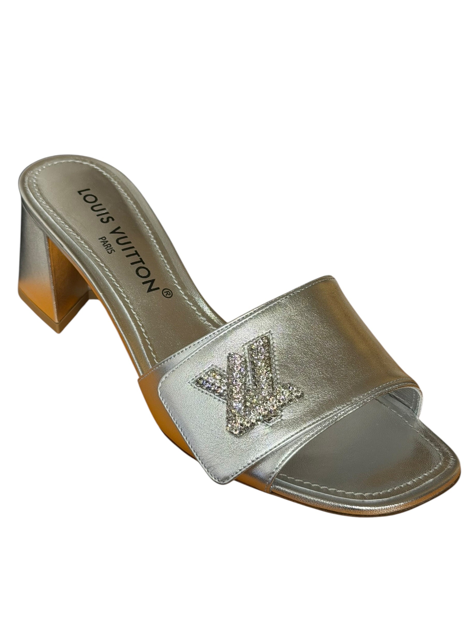 Louis Vuitton Silver Leather Shake Mules LV Crystal Embellished