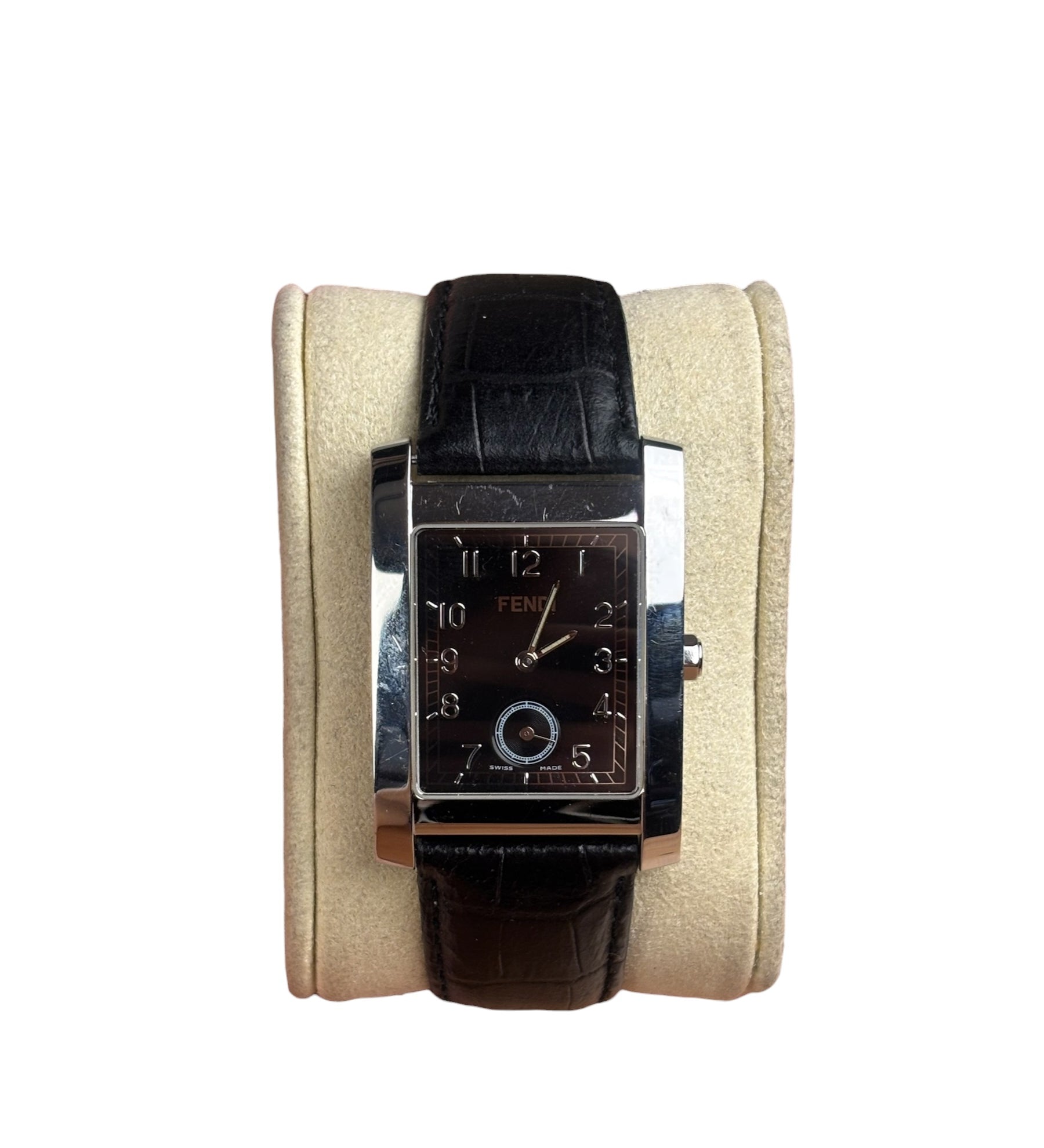 Fendi 7000G Black Leather Rectangular Stainless Steel Dial Watch