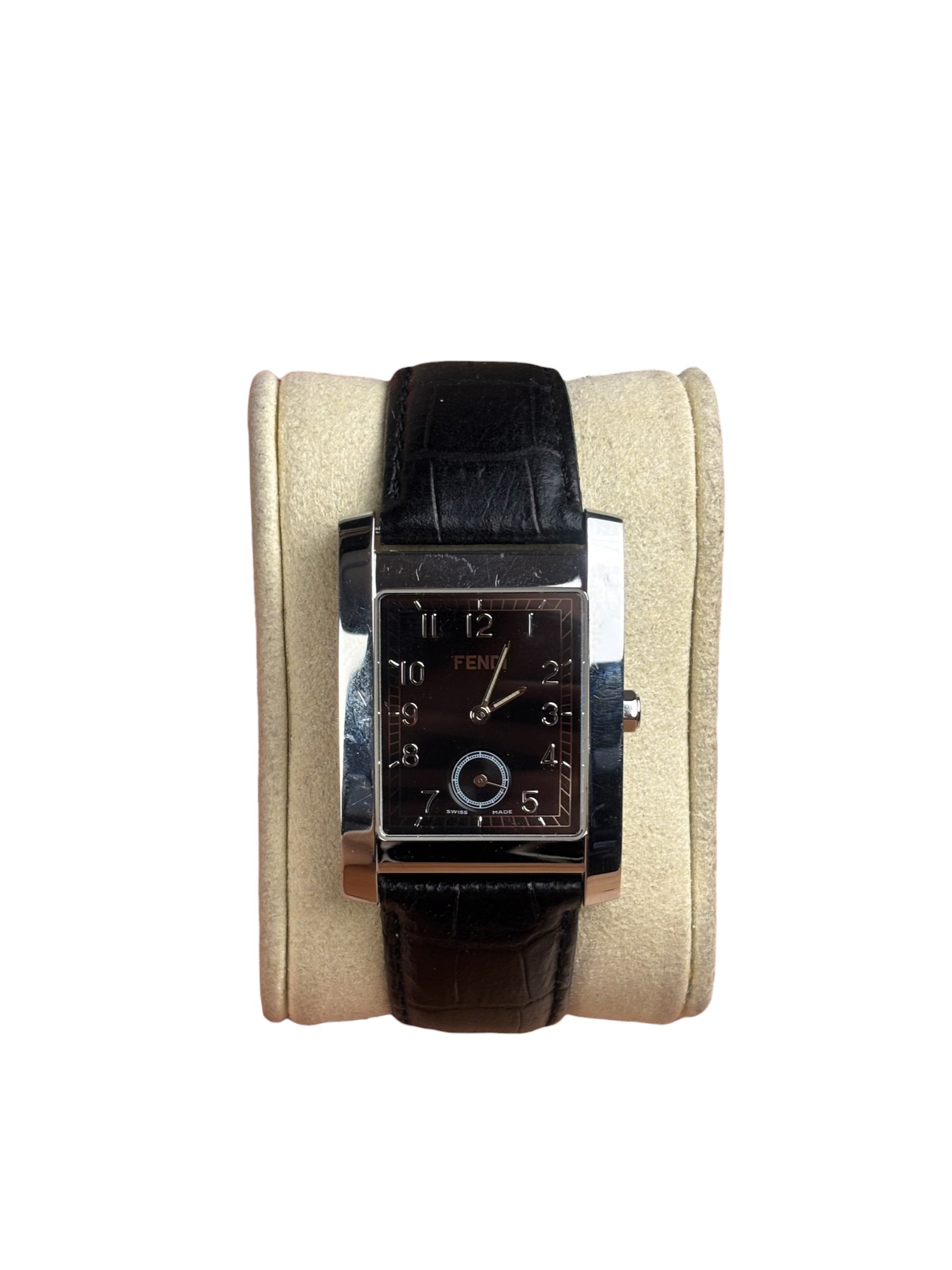 Fendi 7000G Black Leather Rectangular Stainless Steel Dial Watch